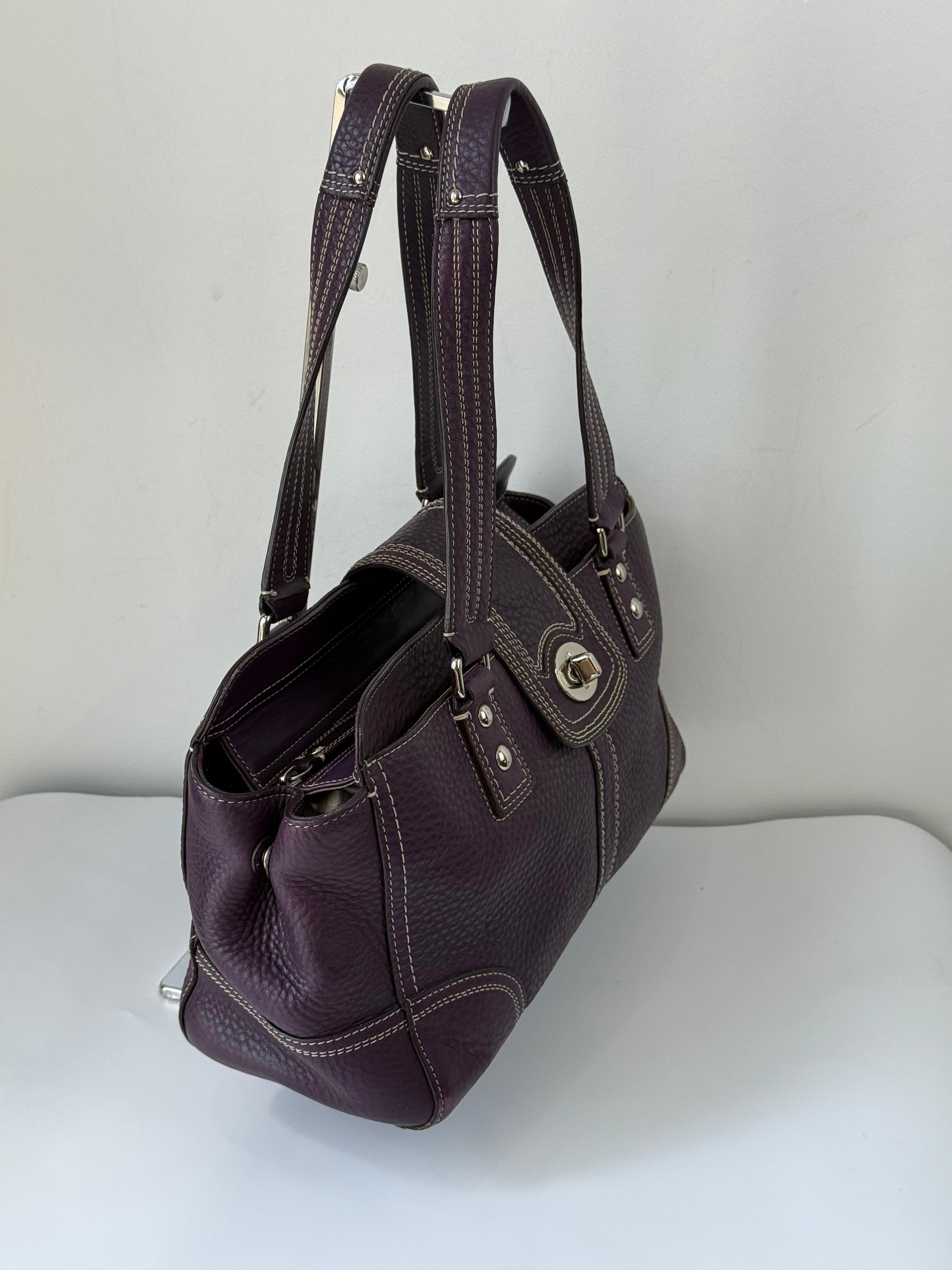 Vintage Coach Hampton Satchel Bag Purple Pebble Leather Shoulder Bag 00s Y2K