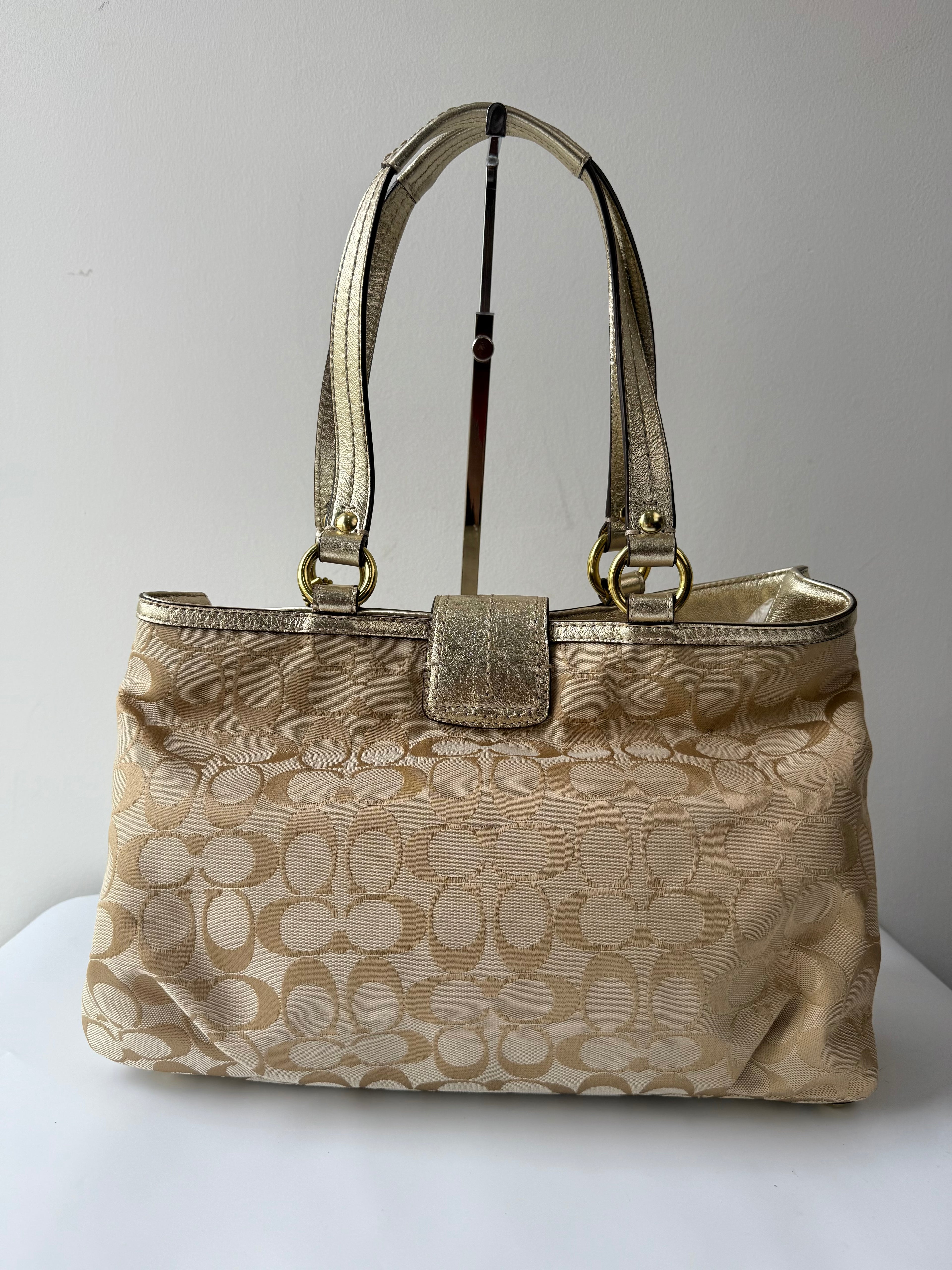 Vintage Coach Soho Signature Tote Bag Cream & Gold Canvas Shoulder Bag 00s Y2K
