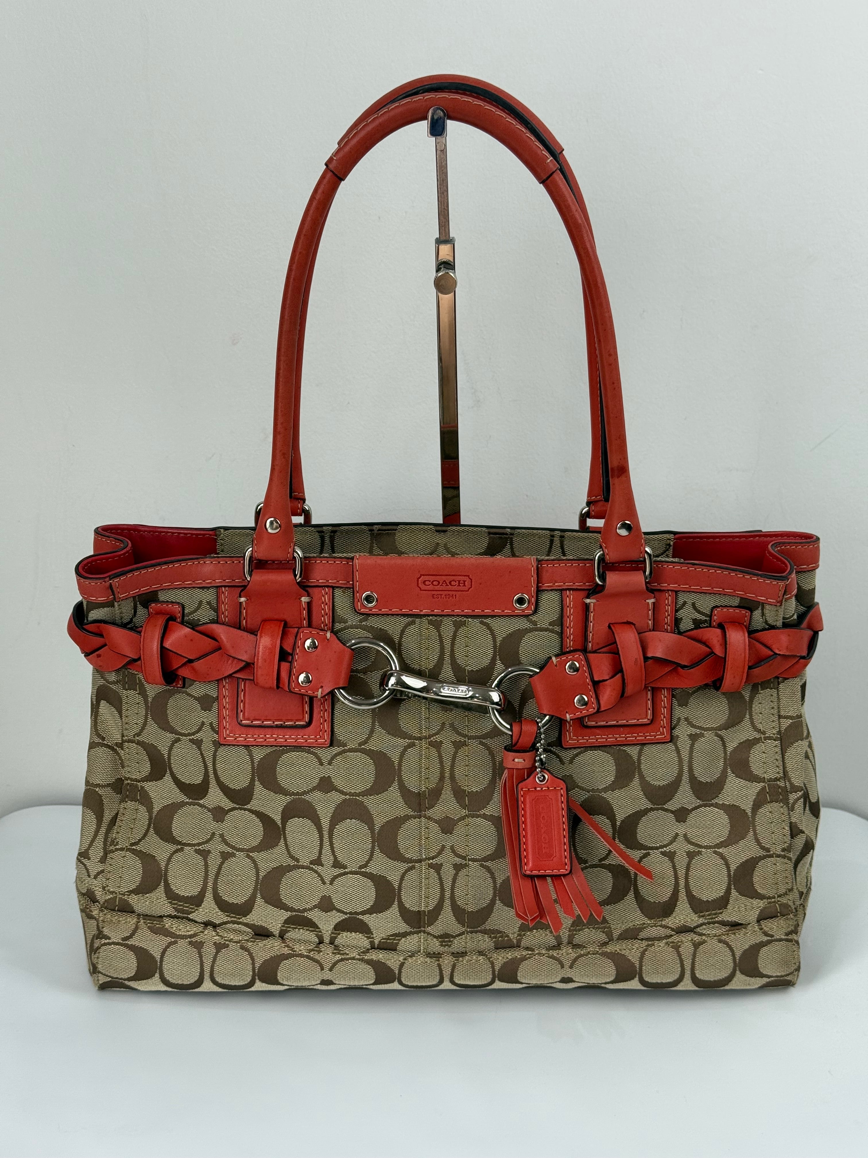Vintage Coach Hampton Bag Coral Leather Shoulder Bag Signature Handbag 00s Y2K