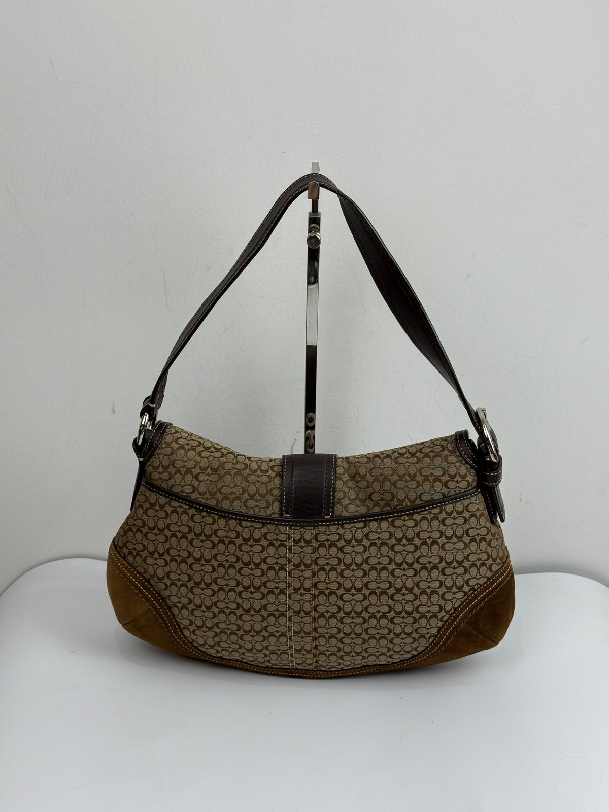 Vintage Coach Soho Shoulder Bag Brown Signature & Suede Canvas Handbag 00s Y2K