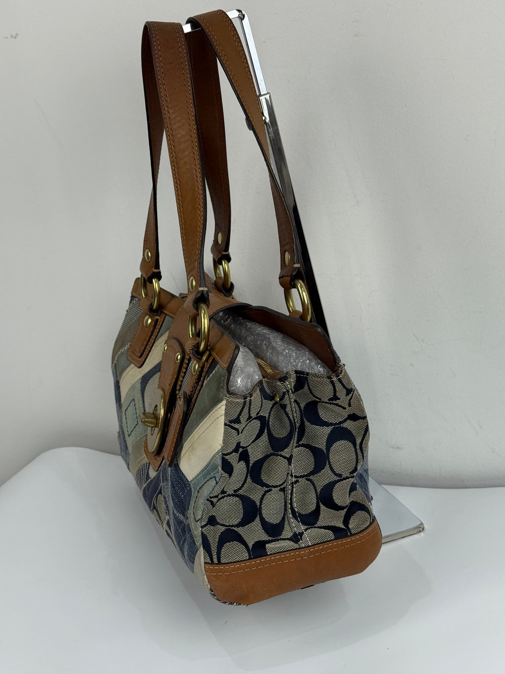 Vintage Coach Blue Denim Patchwork TurnLock HandBag Coach Y2K Leather Bag