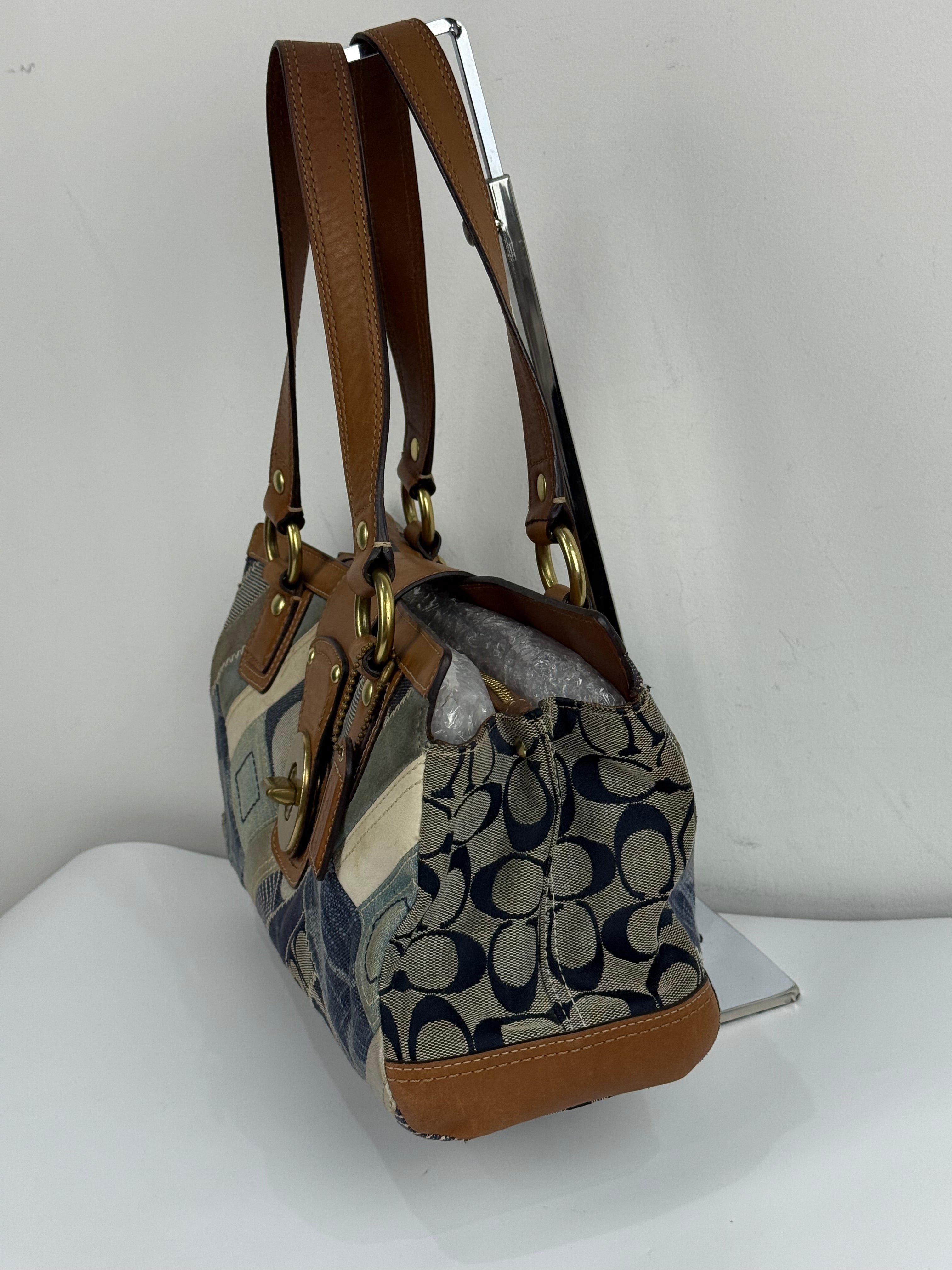 Vintage Coach Blue Denim Patchwork TurnLock HandBag Coach Y2K Leather Bag