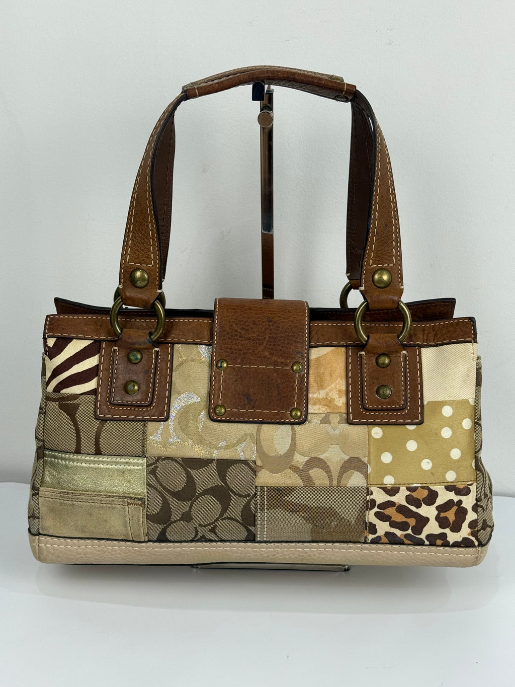 Vintage Coach Brown/Beige Patchwork TurnLock Handbag Coach Y2K Leather Bag