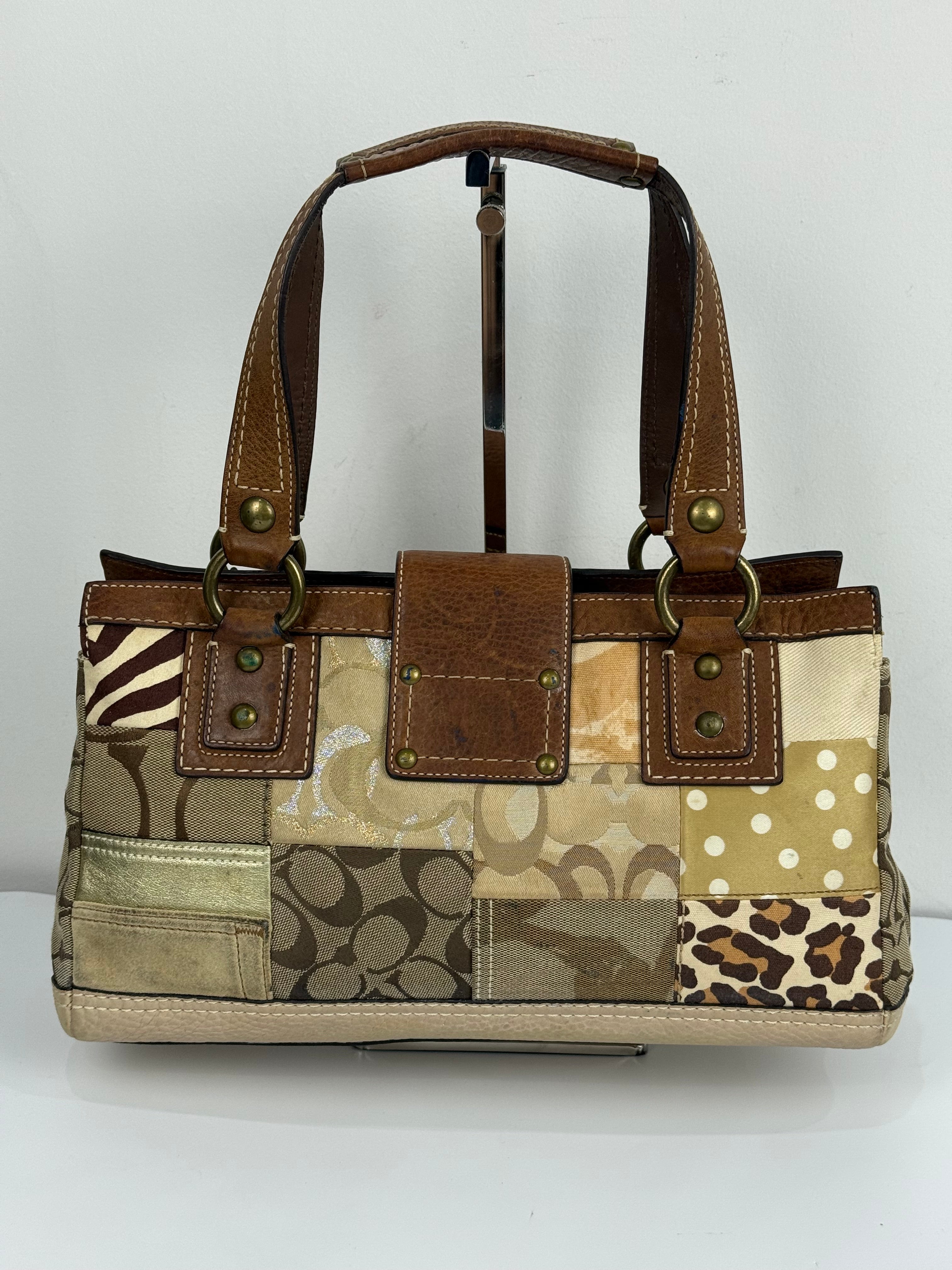 Vintage Coach Brown/Beige Patchwork TurnLock Handbag Coach Y2K Leather Bag