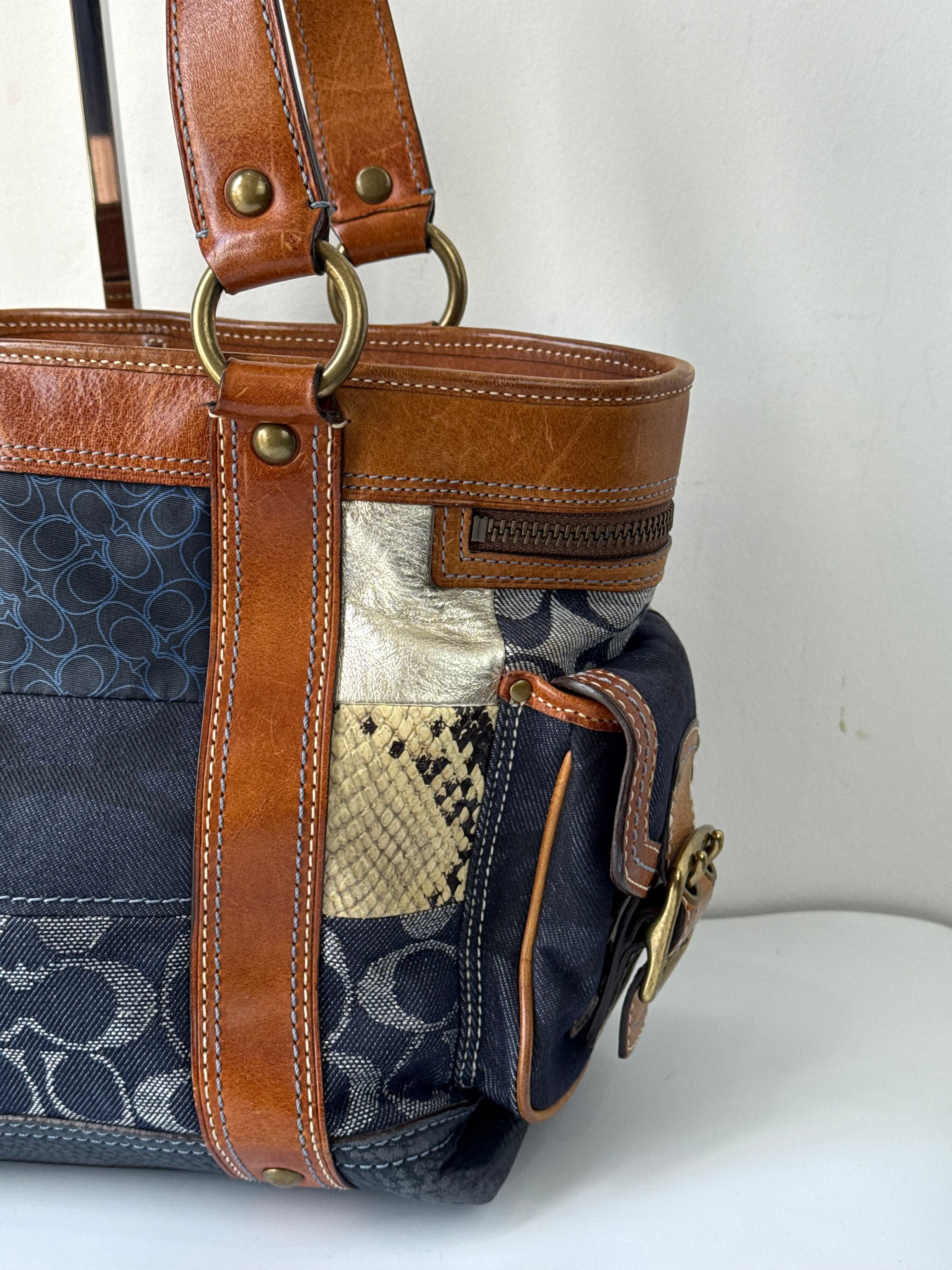 Vintage Coach Blue Denim Patchwork Tote Bag Coach Signature Leather Handbag 00s Y2K