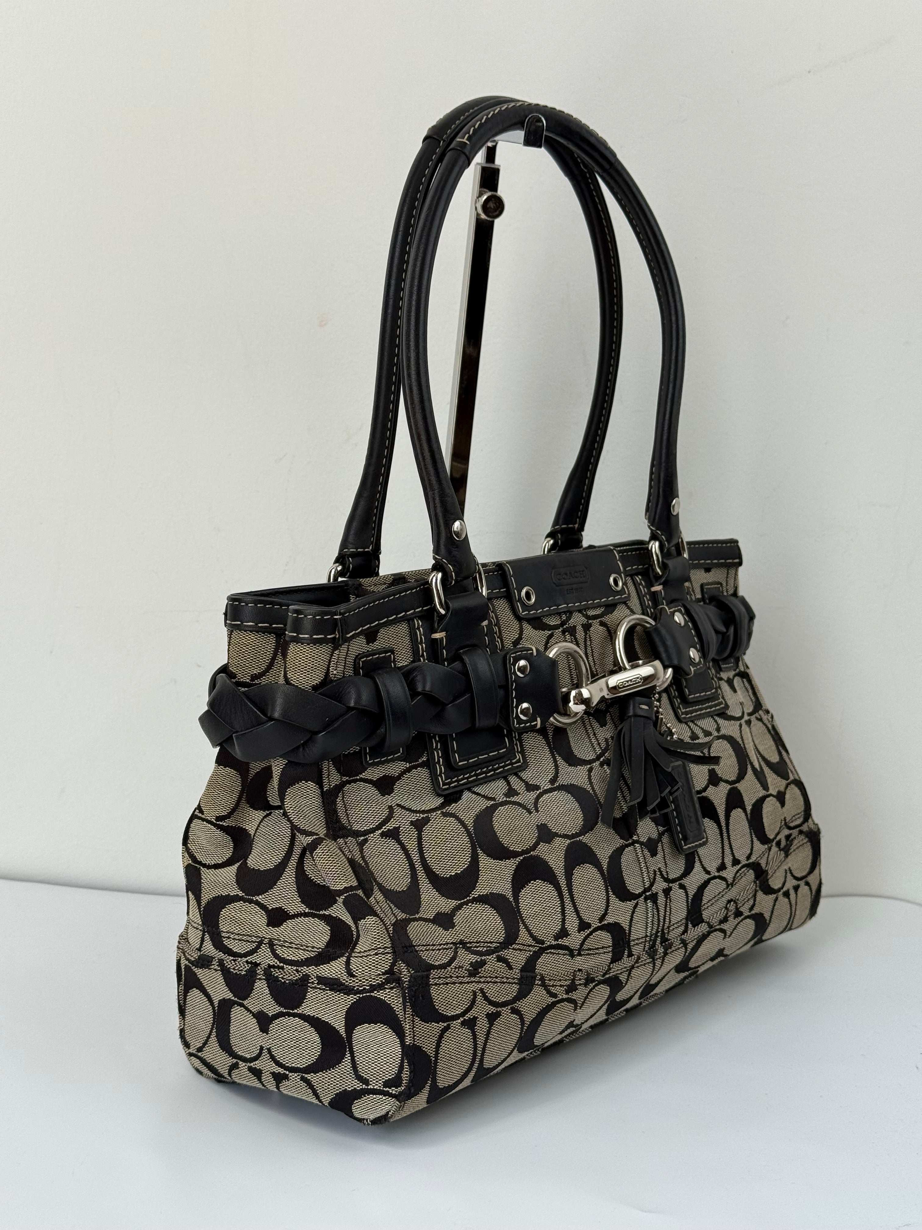 Vintage Coach Hampton Signature Tote Bag Grey and Black Coach Canvas HandBag 00s Y2K