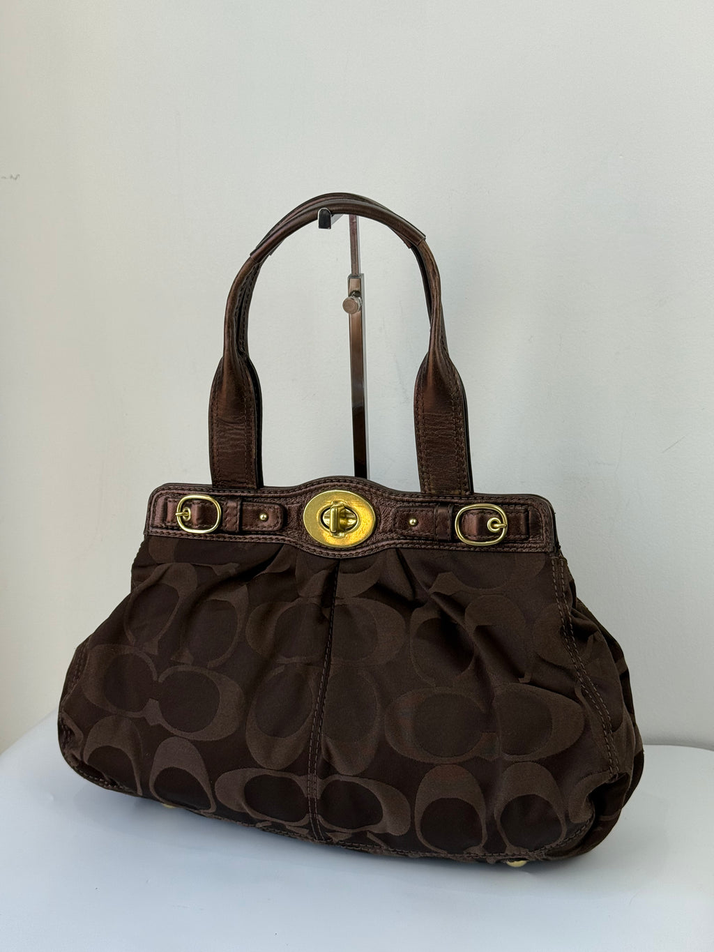 Vintage Coach Satin Pleeted TurnLock  Satchel Bag Brown Signature Coach Handbag 00s Y2K