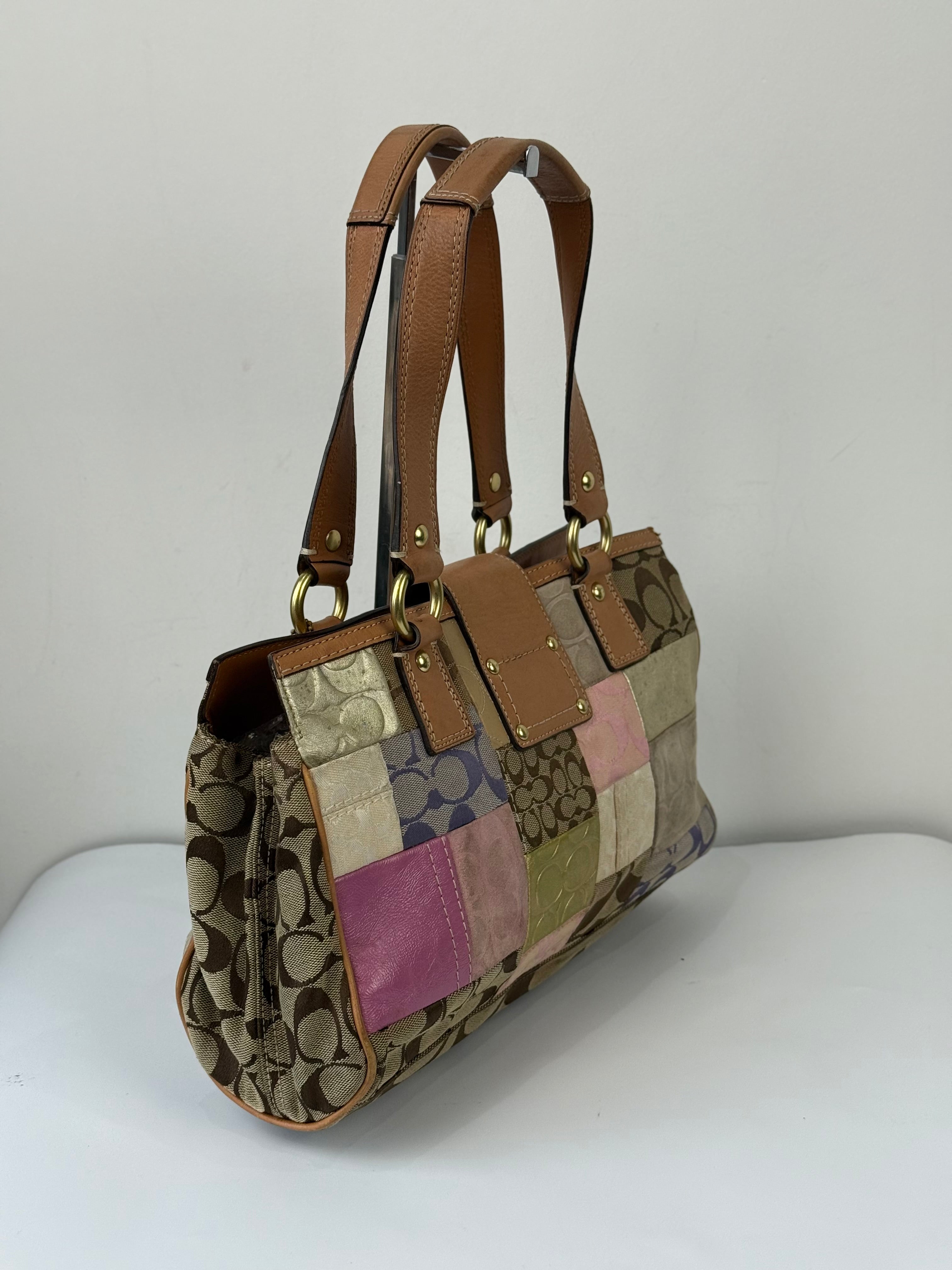 Vintage Coach Multicolour Patchwork Tote Bag Coach TurnLock Handbag 00s Y2K