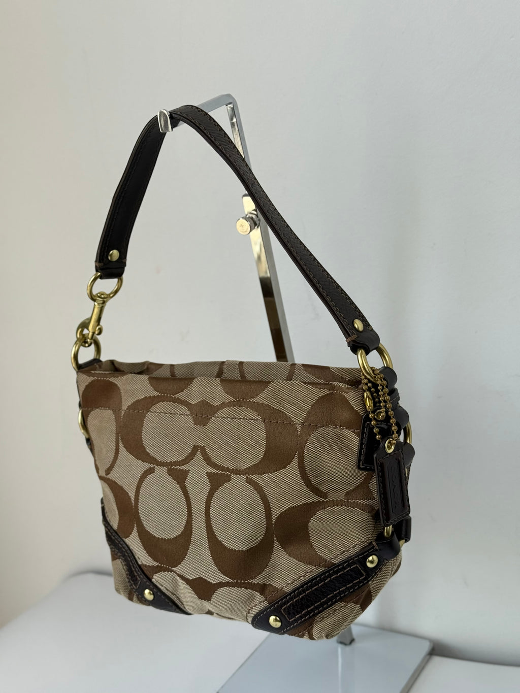 Vintage Coach Mini Carly Shoulder Bag Brown & Beige Signature Hobo Handbag 00s Y2K