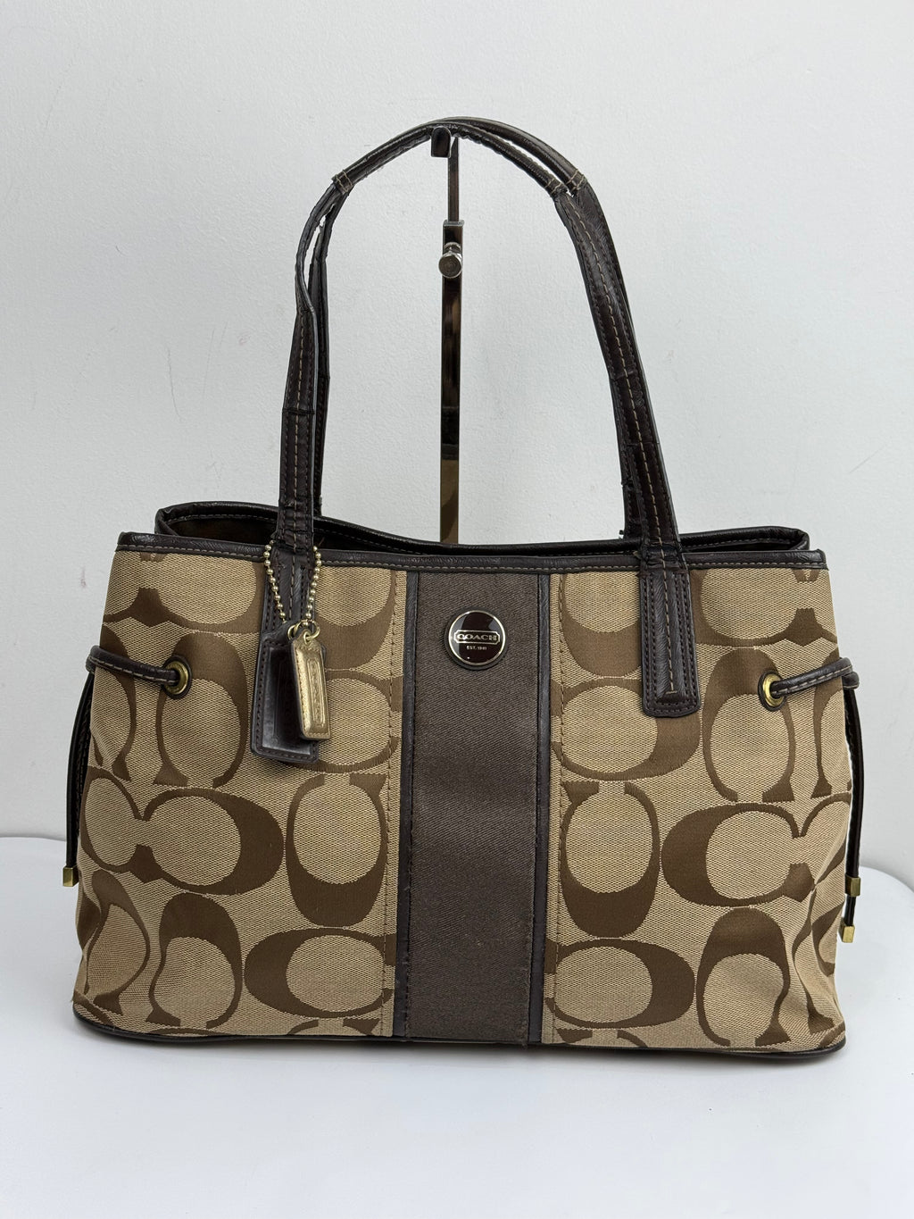 Vintage Coach Signature Stripe Carryall Tote Bag Beige Brown Coach Canvas HandBag 00s Y2K