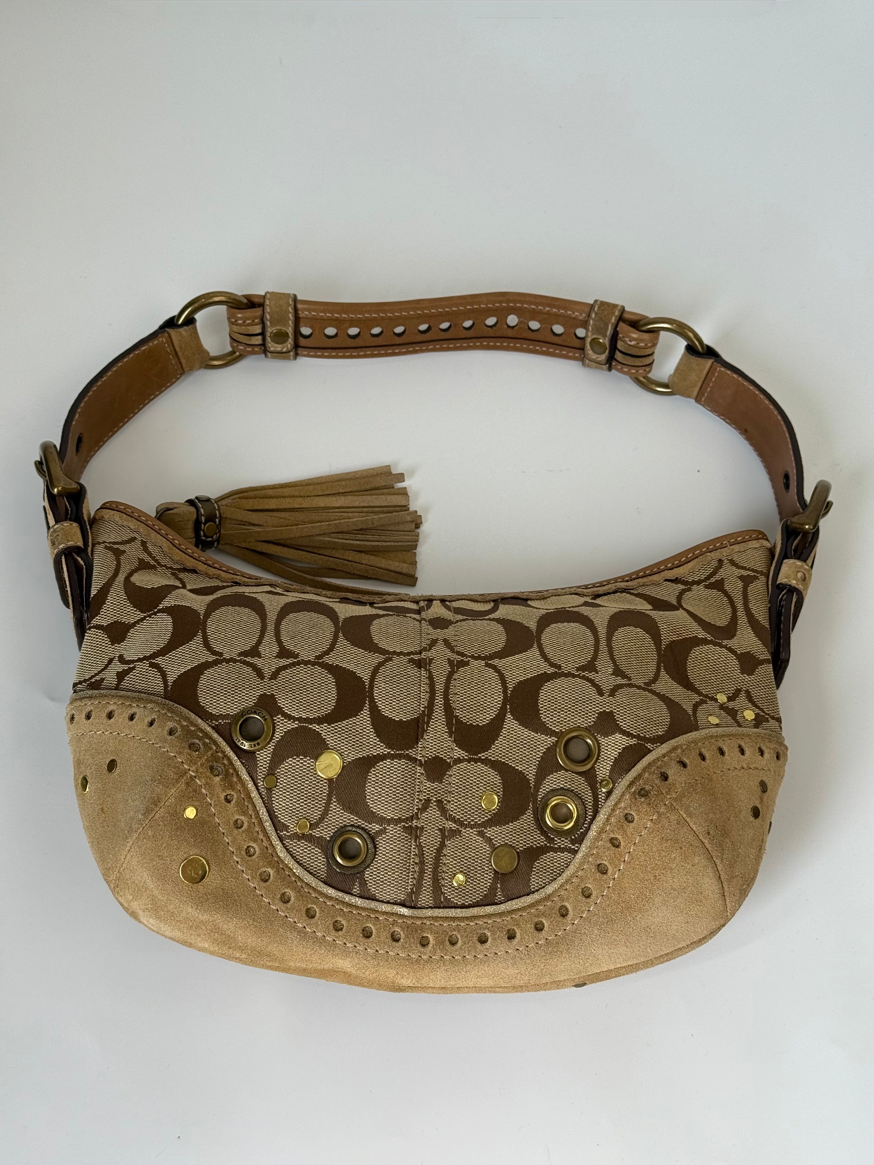 Coach Vintage Signature Sufflette Shoulder Bag Suede Studs Rare Y2K Hobo Bag
