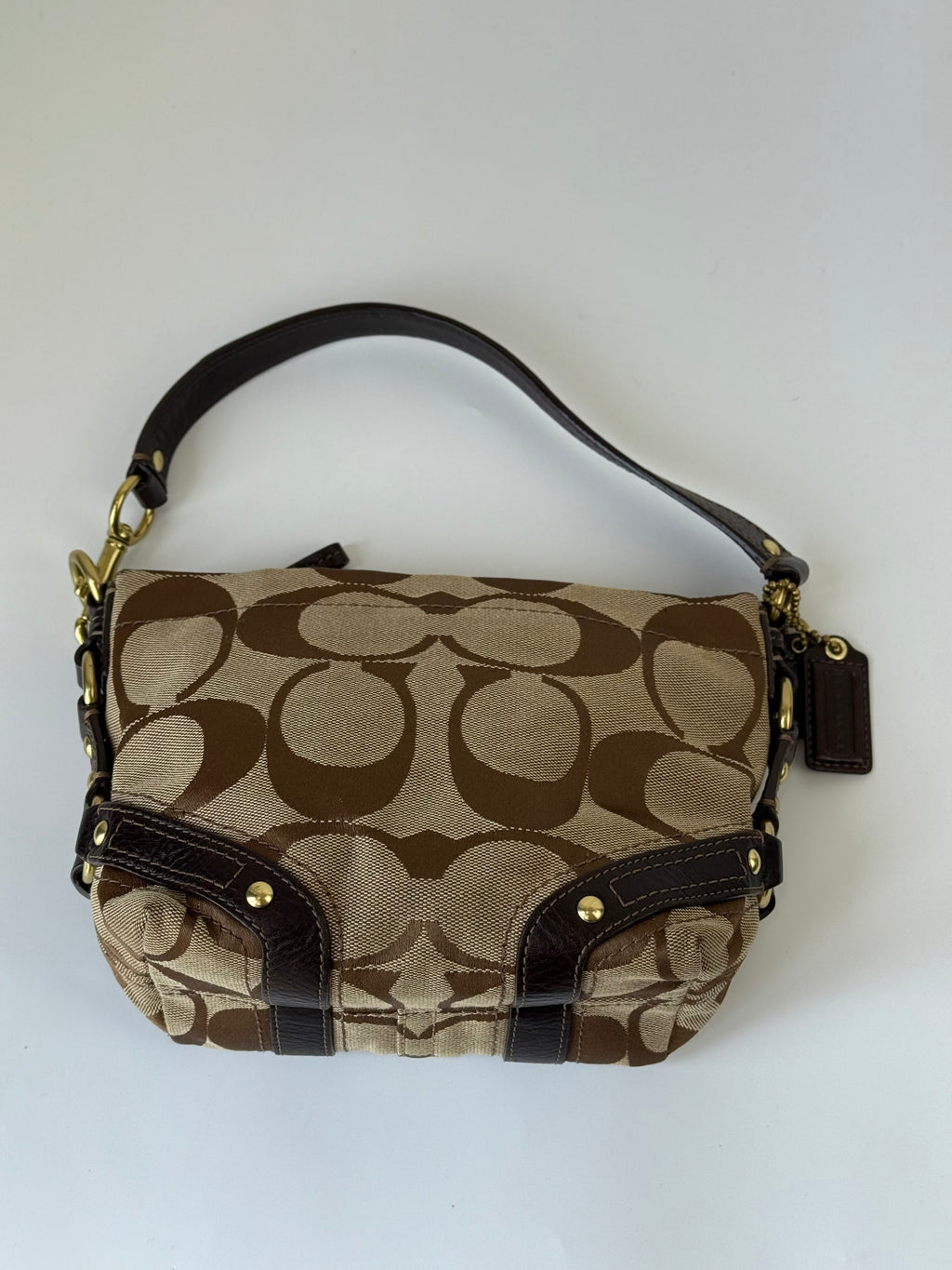 Vintage Coach Mini Carly Shoulder Bag Brown & Beige Signature Hobo Handbag 00s Y2K