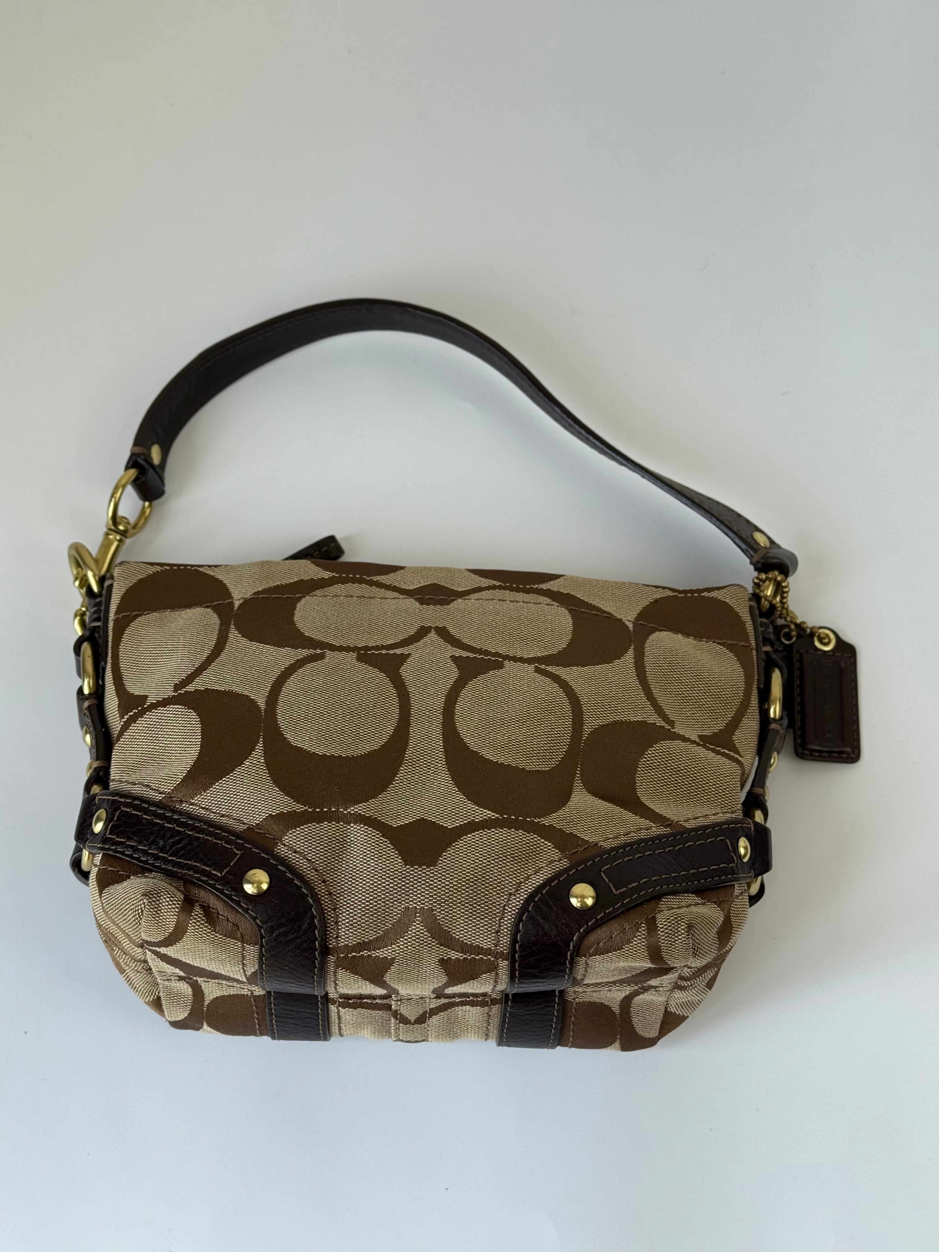 Vintage Coach Mini Carly Shoulder Bag Brown & Beige Signature Hobo Handbag 00s Y2K