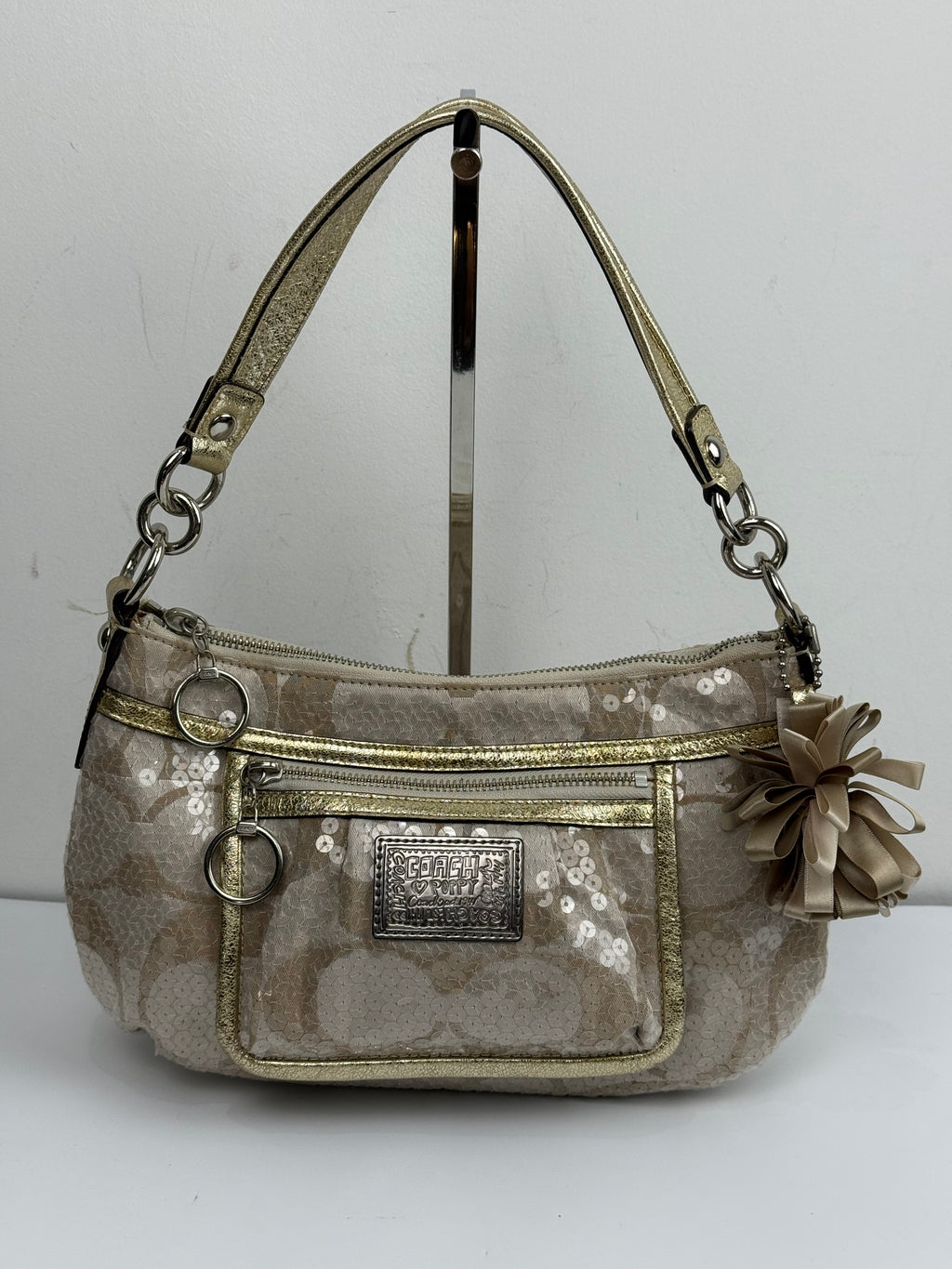 Vintage Coach Sequin Poppy Shoulder Bag Beige/Gold Handbag 00s Y2K