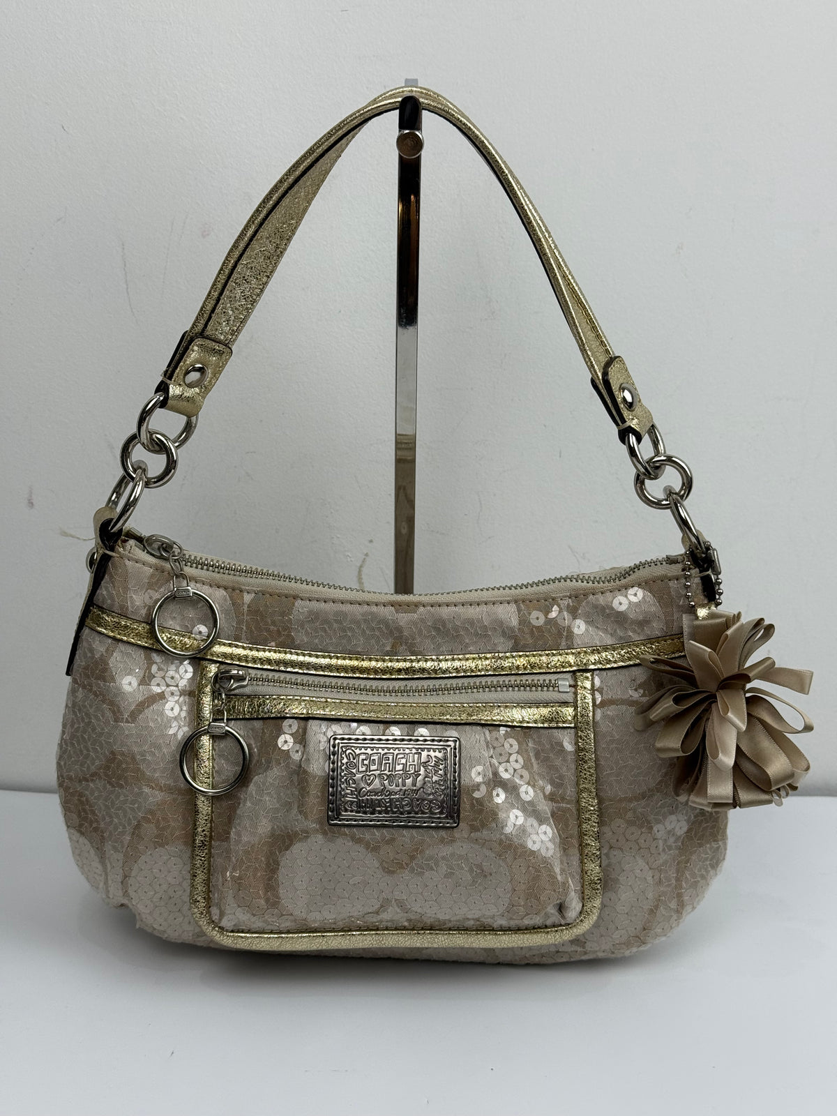 Vintage Coach Sequin Poppy Shoulder Bag Beige/Gold Handbag 00s Y2K