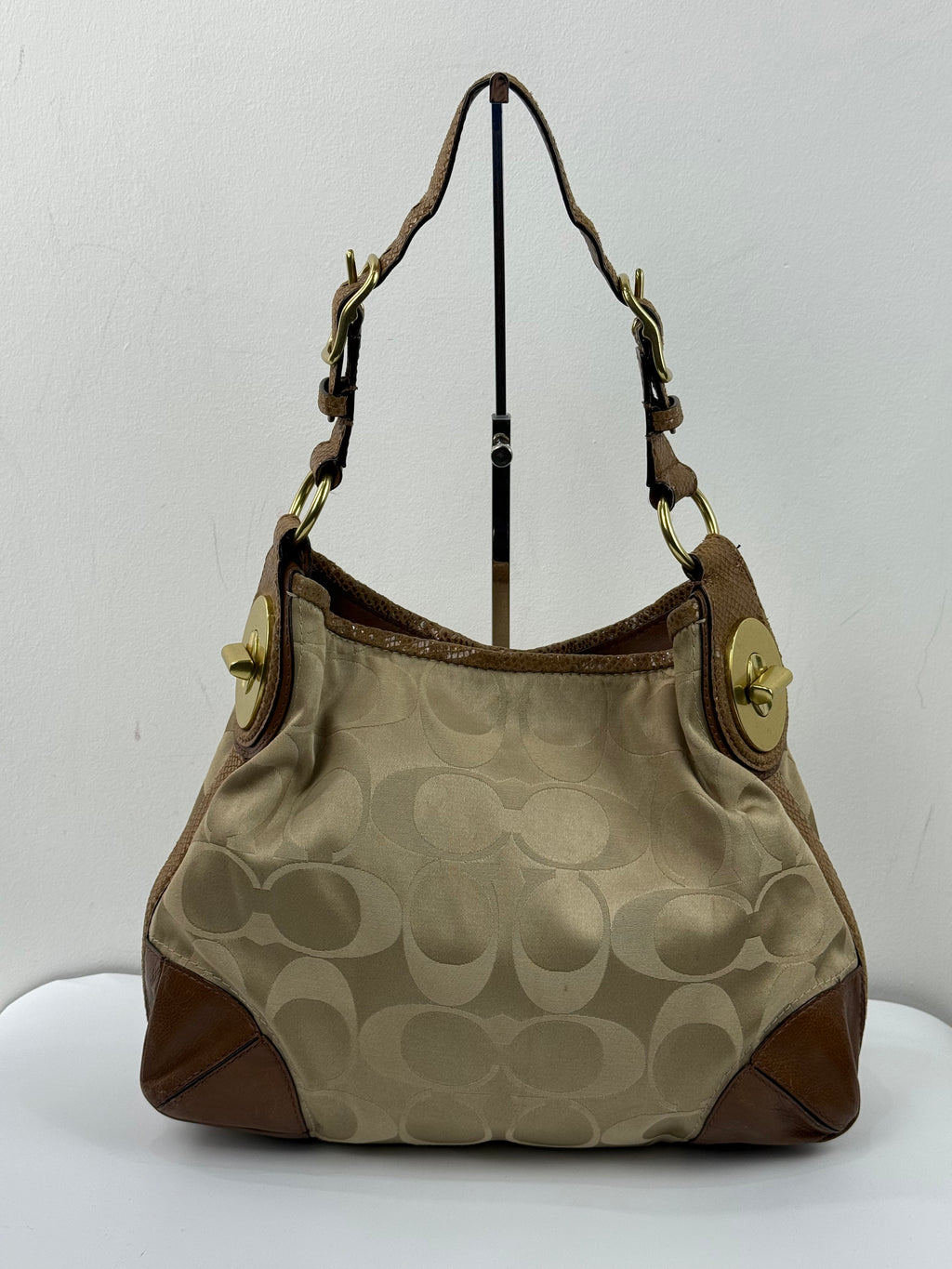 Vintage Coach Peyton Signature Satin Hobo Bag Beige & Brown Coach Shoulder Bag 00s Y2K
