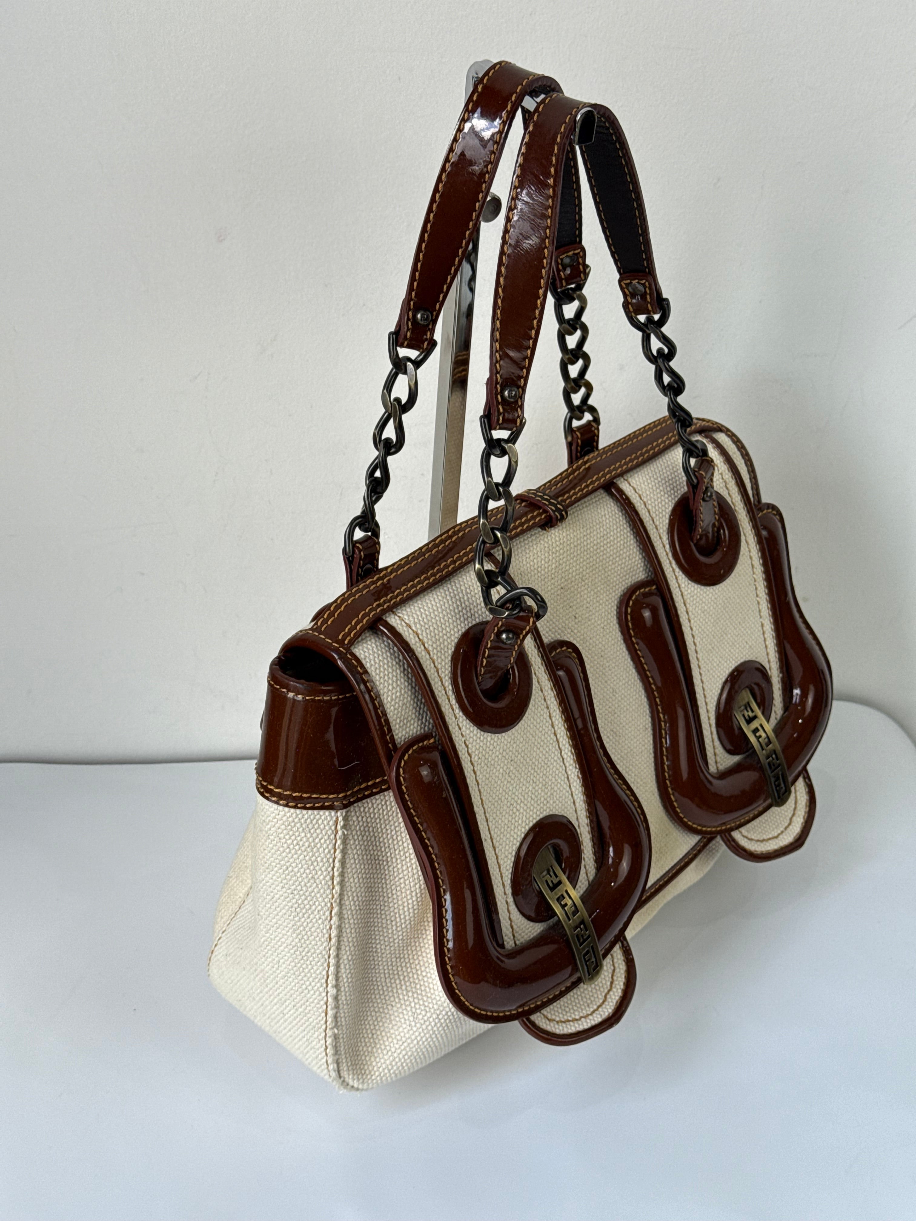 Vintage Fendi B Bag Brown Leather and White Canvas Fendi Handbag 00s Y2K