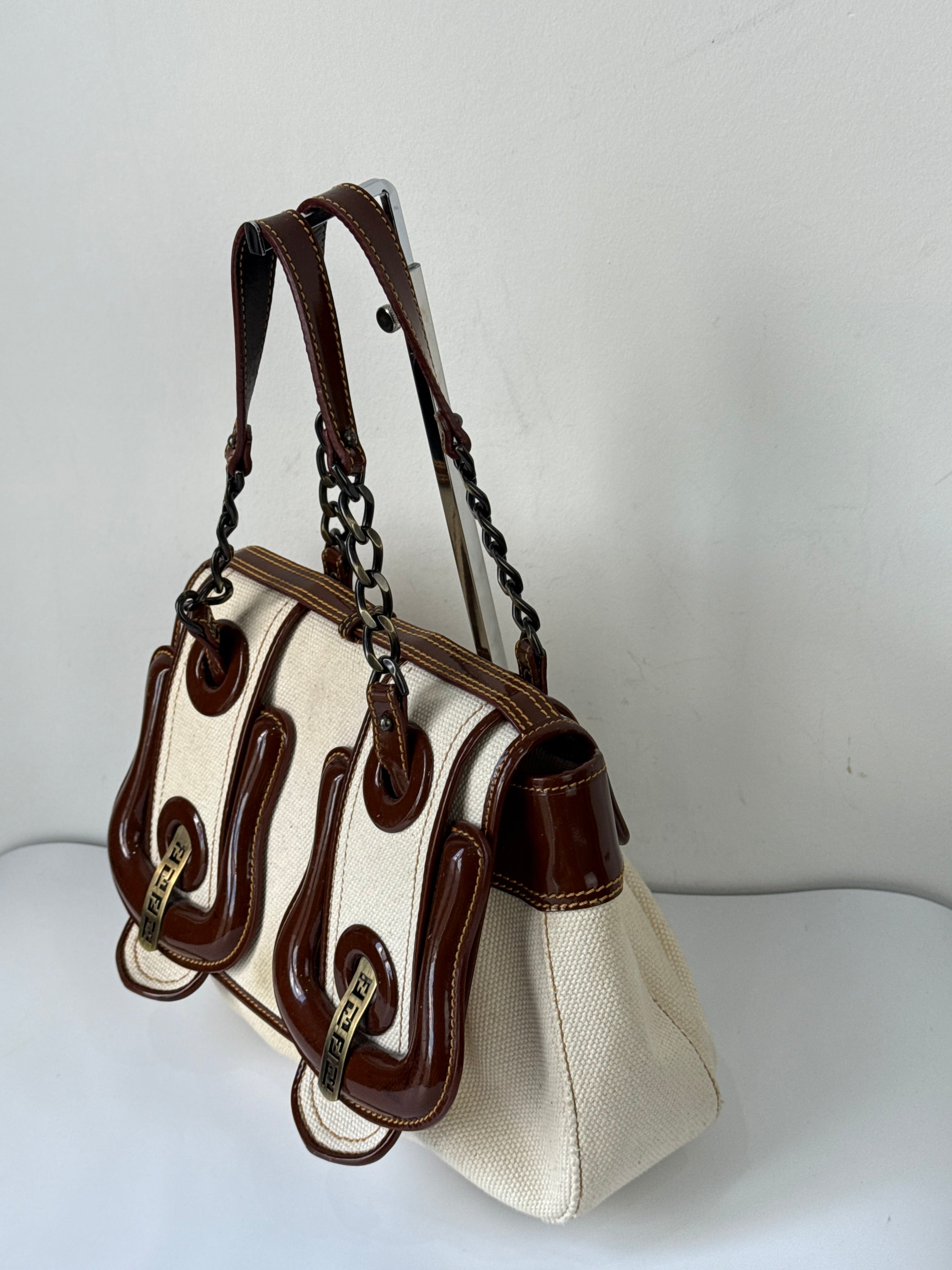 Vintage Fendi B Bag Brown Leather and White Canvas Fendi Handbag 00s Y2K