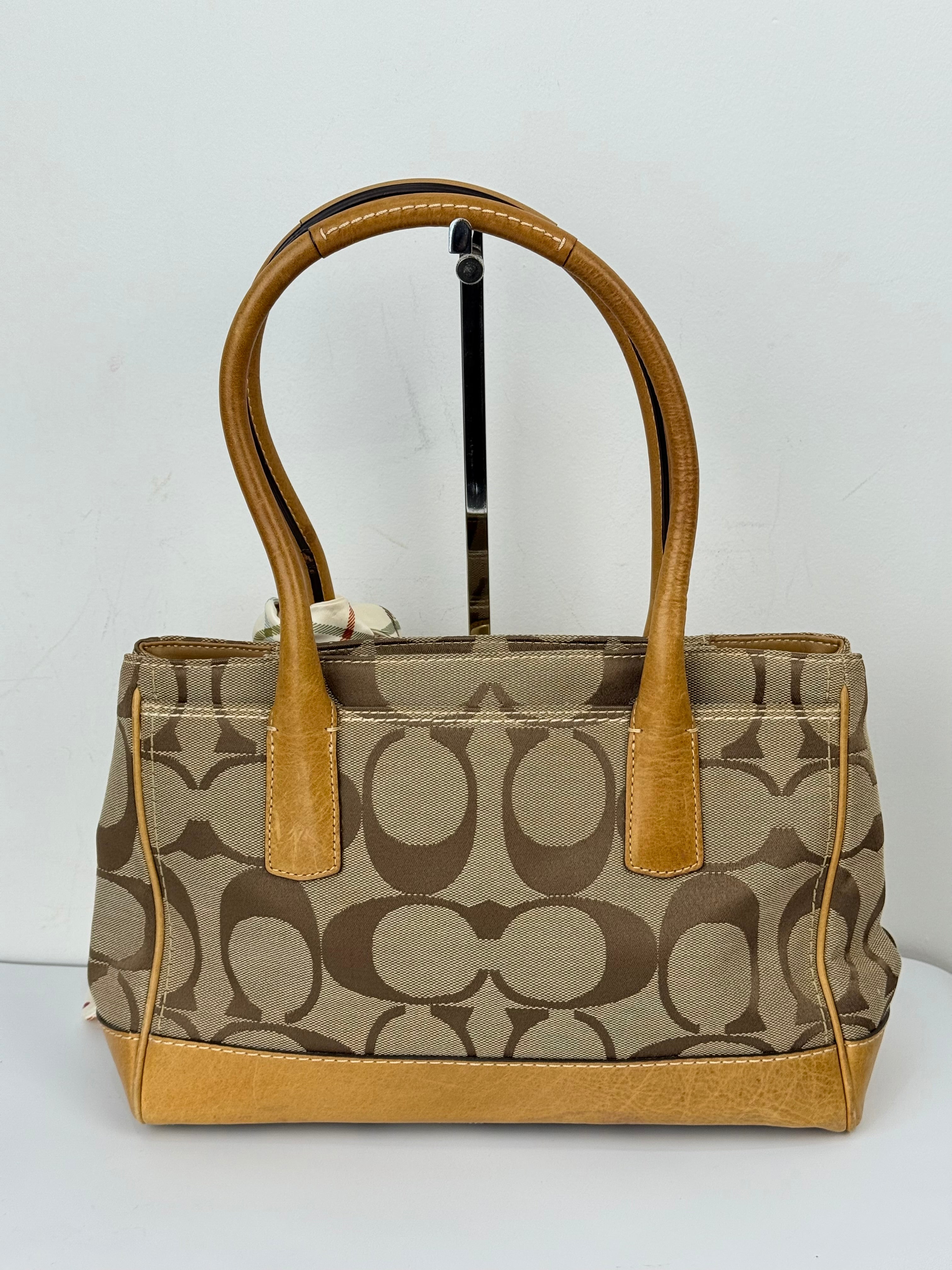 Vintage Coach Hampton Tote Bag Brown and Tan Coach Signature Monogram HandBag with Scarf 90s 00s Y2K Shoulder Bag