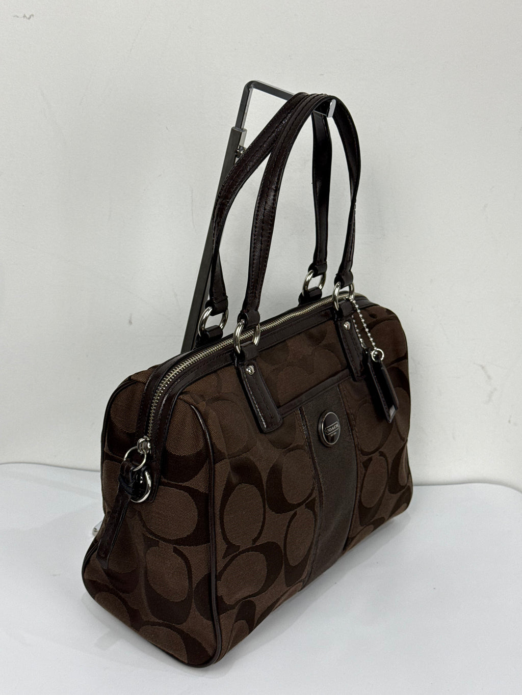 Vintage Coach Signature Stripe Pocket Satchel Bag Dark Brown Tote Bag Y2K