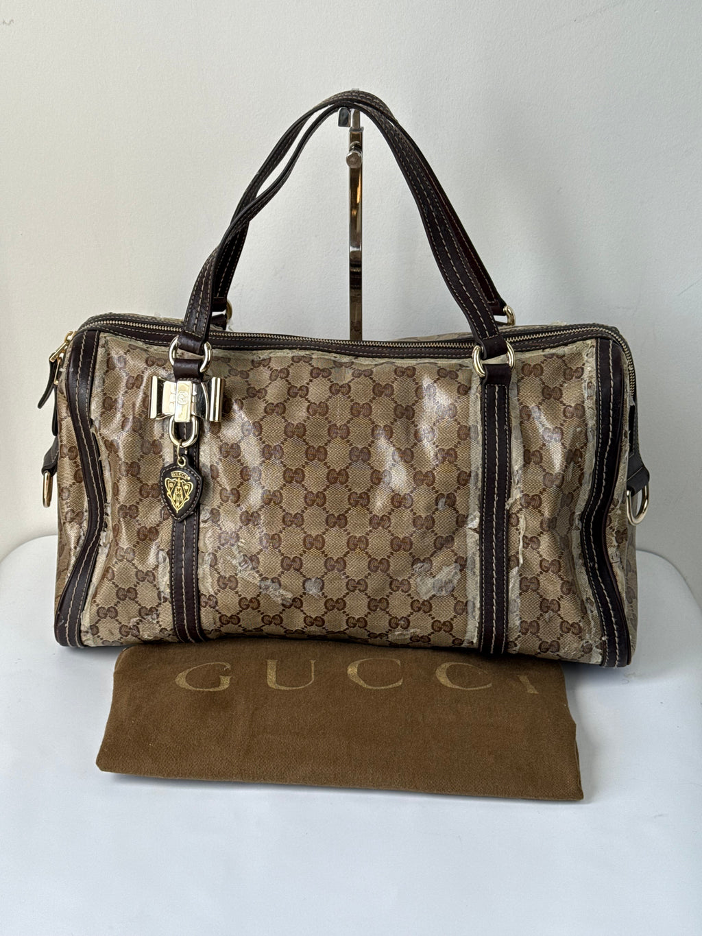 Vintage Gucci Crystal Duchessa Boston Bag Brown Gucci Pouch Monogram Handbag 00s Y2K