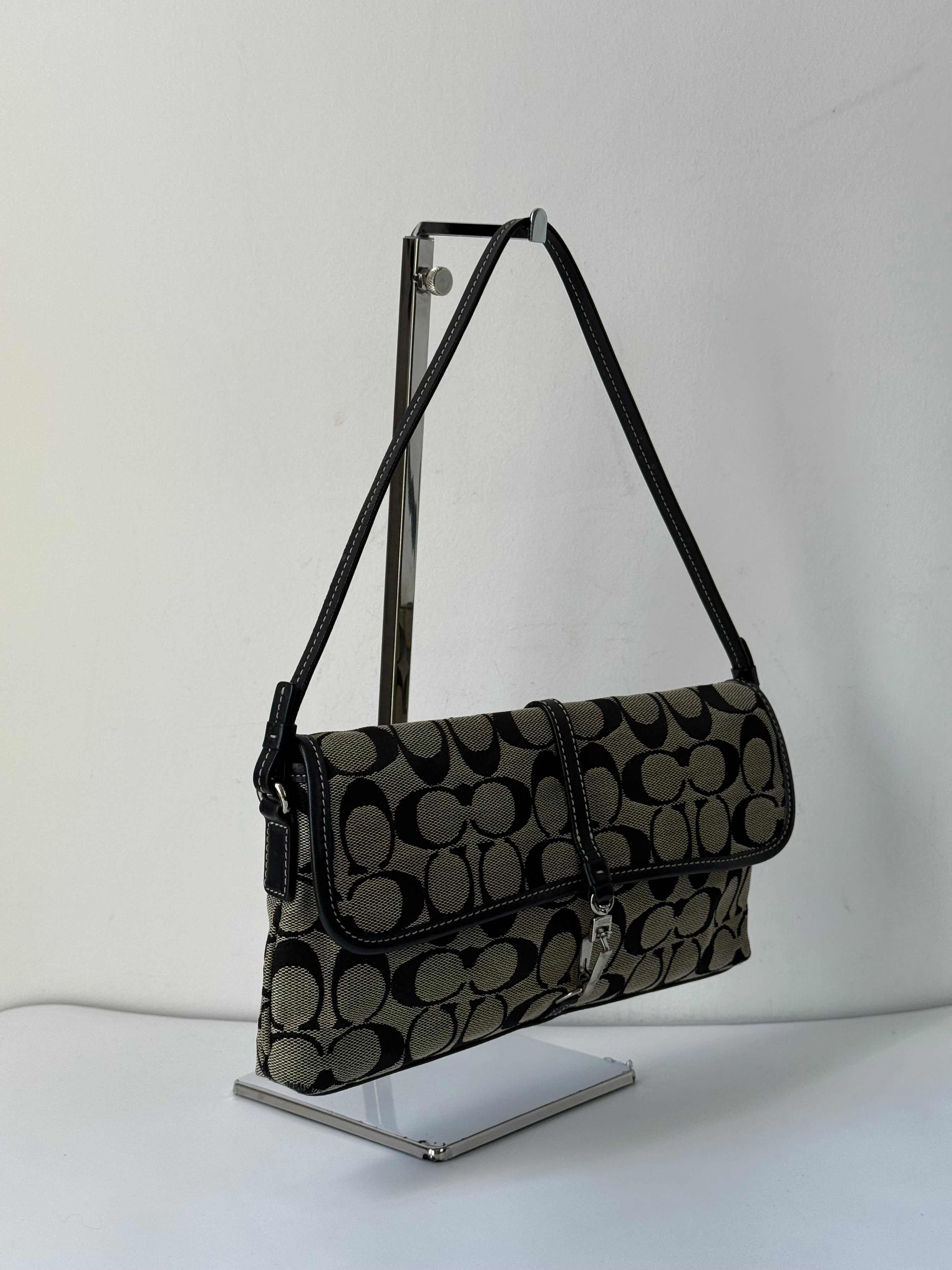 Vintage Coach Demi Clip Bag Grey and Black Signature Canvas Shoulder Bag Y2K