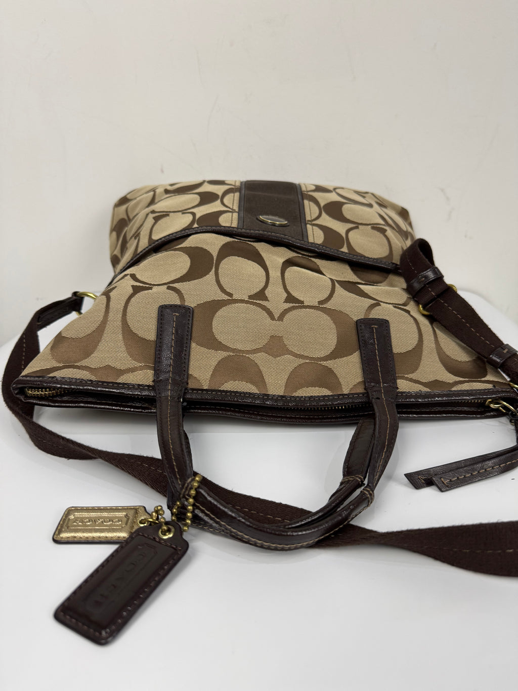 Vintage Coach Signature Stripe Fold over Tote Bag Brown/Beige Shoulder Bag Y2K
