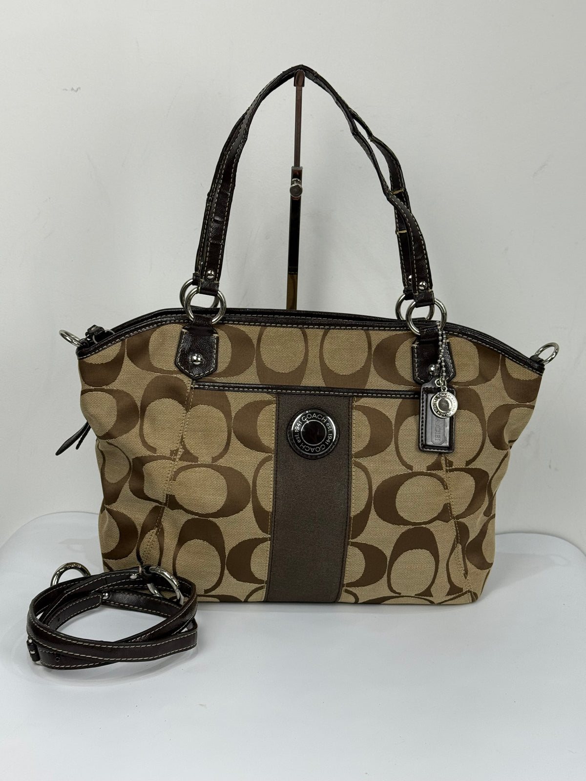Vintage Coach Signature Stripe Pocket Satchel Bag Brown/Beige Tote Bag Y2K
