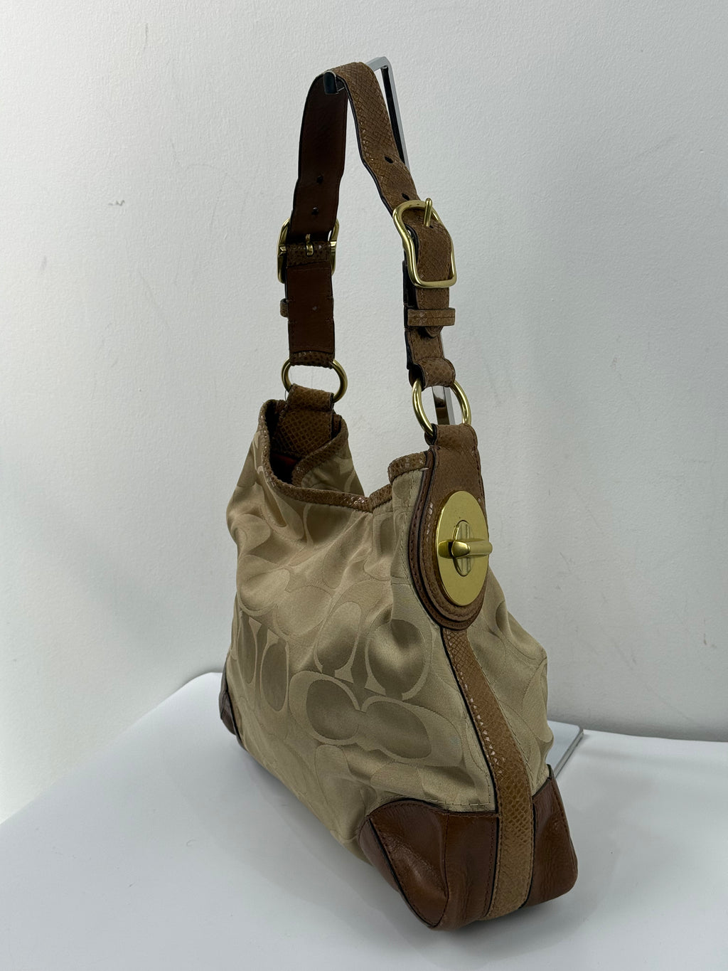 Vintage Coach Peyton Signature Satin Hobo Bag Beige & Brown Coach Shoulder Bag 00s Y2K
