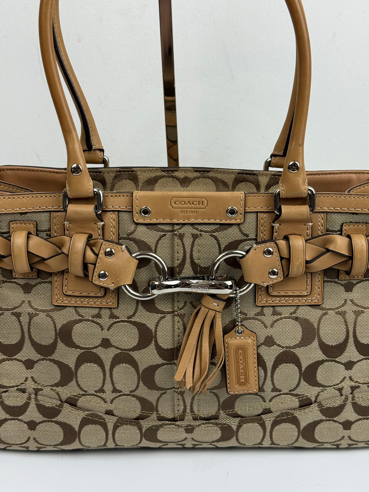 Vintage Coach Hampton Brown/Beige Signature Canvas HandBag Braided Leather 00s Y2K