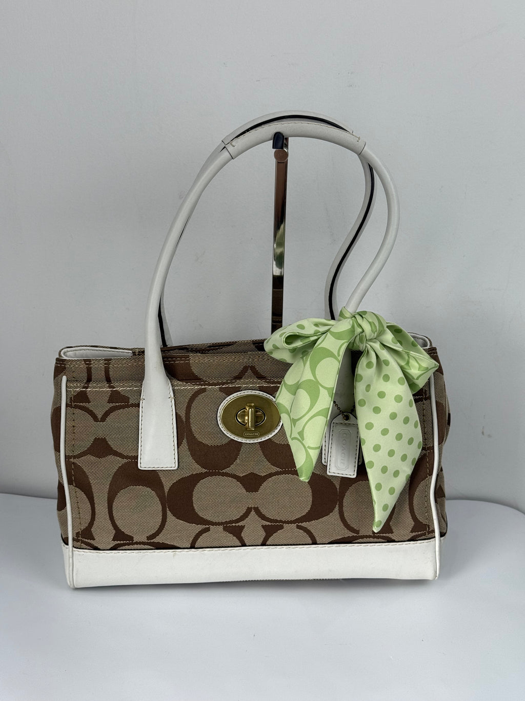 Vintage Coach Hampton Brown/White Tote Bag Coach Signature Y2K HandBag with Scarf