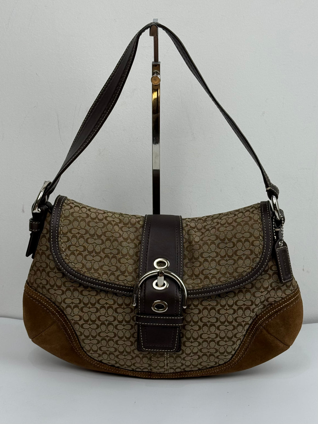 Vintage Coach Soho Shoulder Bag Brown Signature & Suede Canvas Handbag 00s Y2K