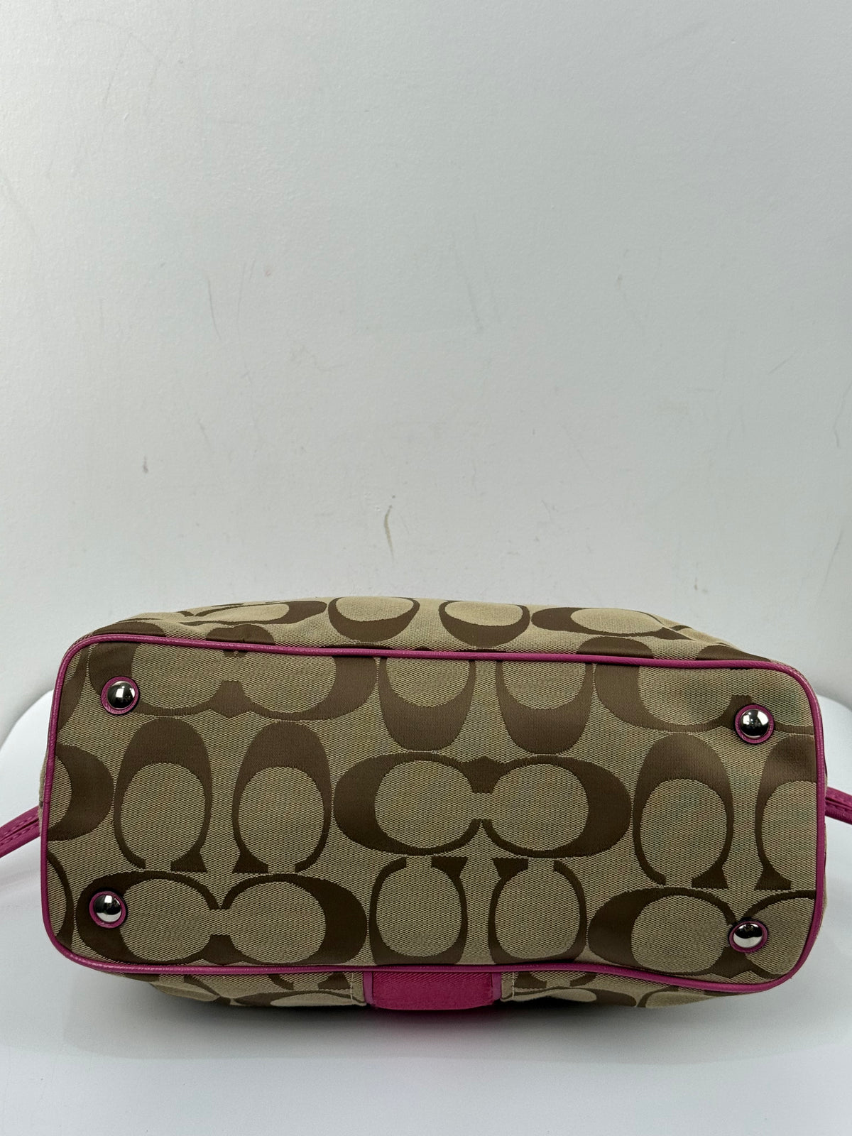 Vintage Coach Signature Stripe Carryall Tote Bag Beige Brown Coach Canvas with Pink Leather HandBag 00s Y2K