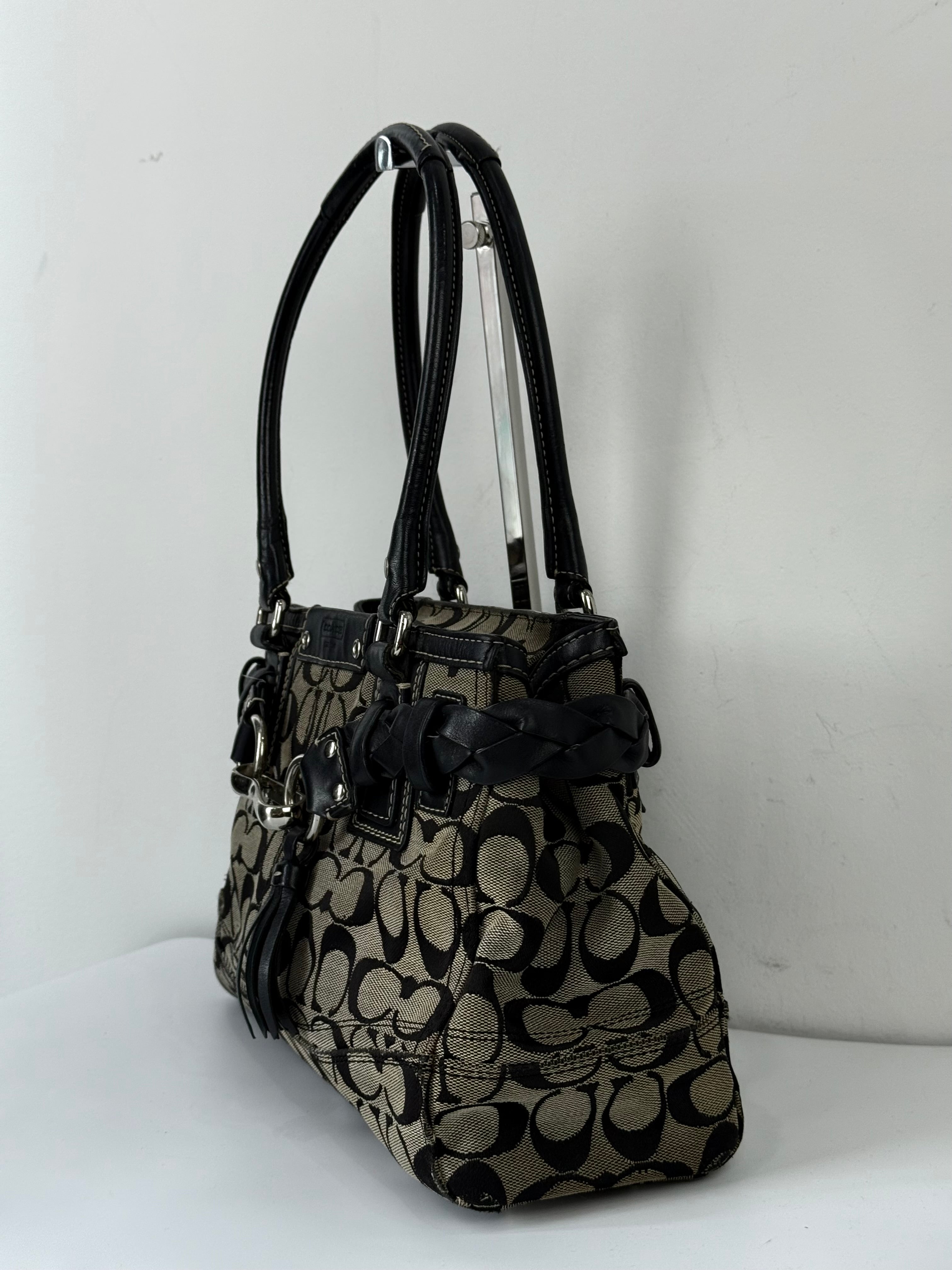 Vintage Coach Hampton Signature Tote Bag Grey and Black Coach Canvas HandBag 00s Y2K