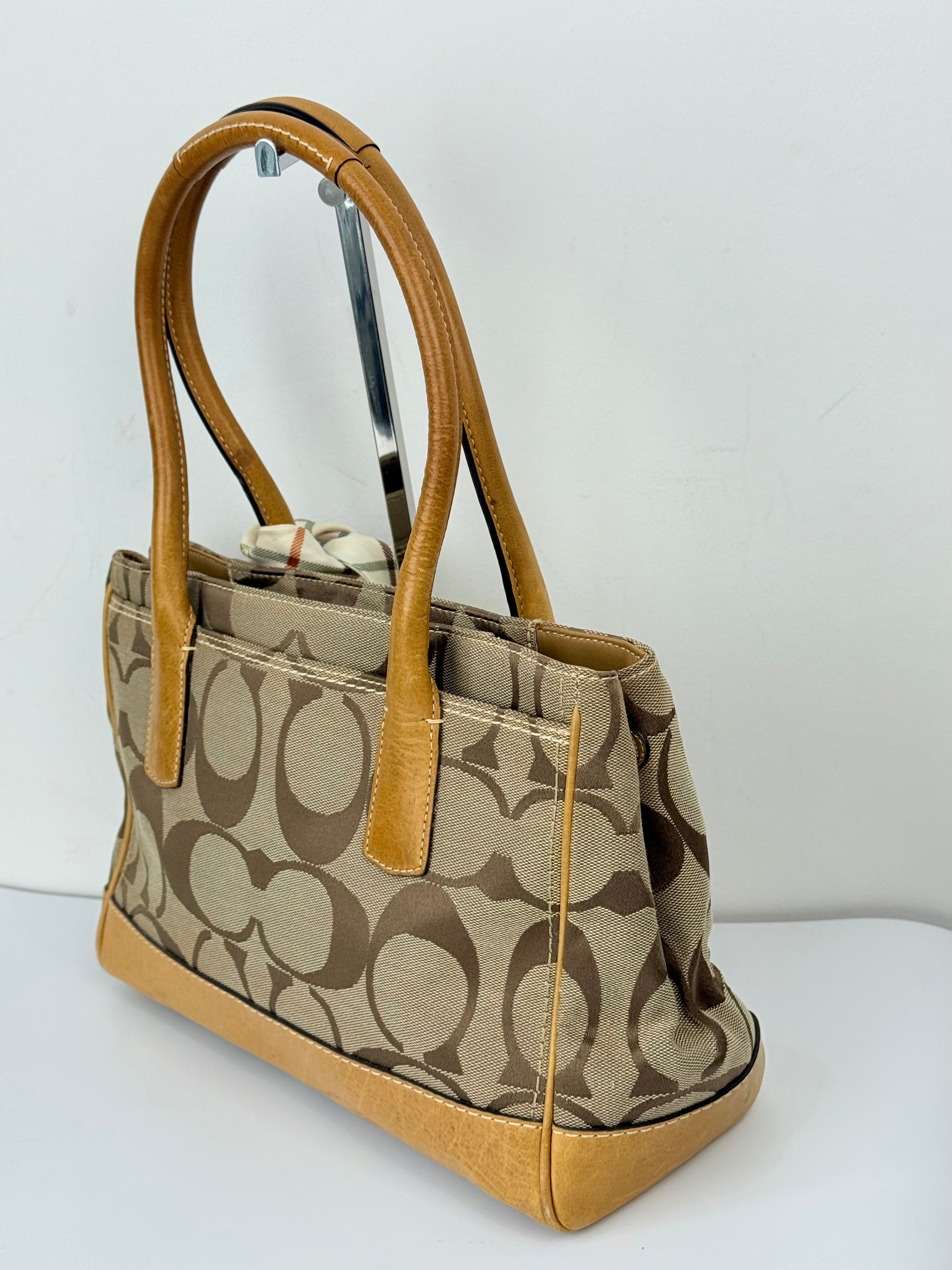 Vintage Coach Hampton Tote Bag Brown and Tan Coach Signature Monogram HandBag with Scarf 90s 00s Y2K Shoulder Bag