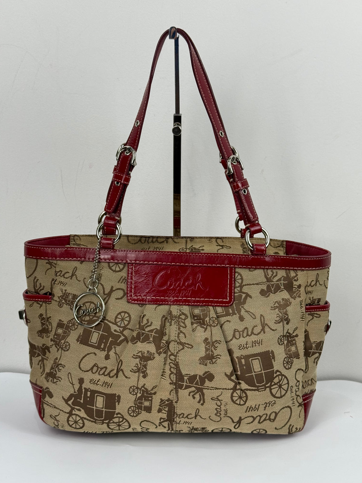 Vintage Coach Horse & Carriage Tote Bag Coach Red Patent Leather Trim Shoulder Bag 00s Y2K