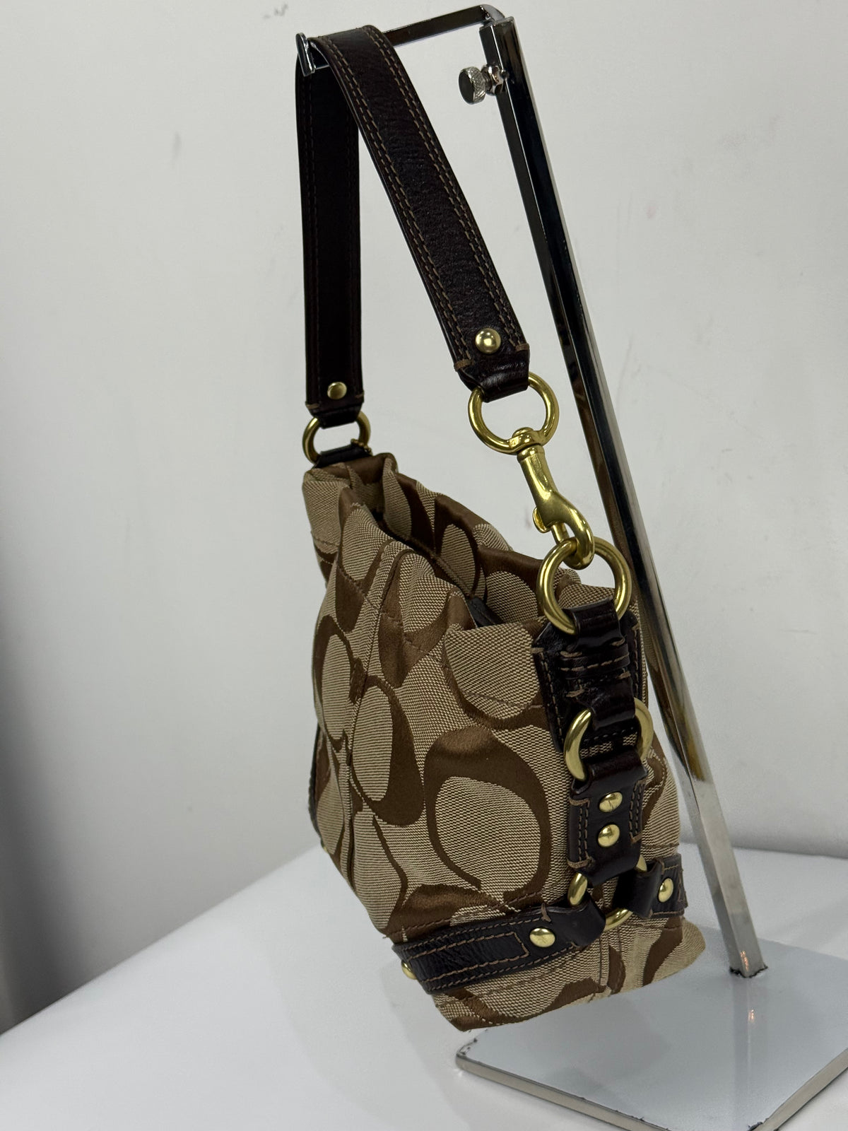 Vintage Coach Mini Carly Shoulder Bag Brown & Beige Signature Hobo Handbag 00s Y2K