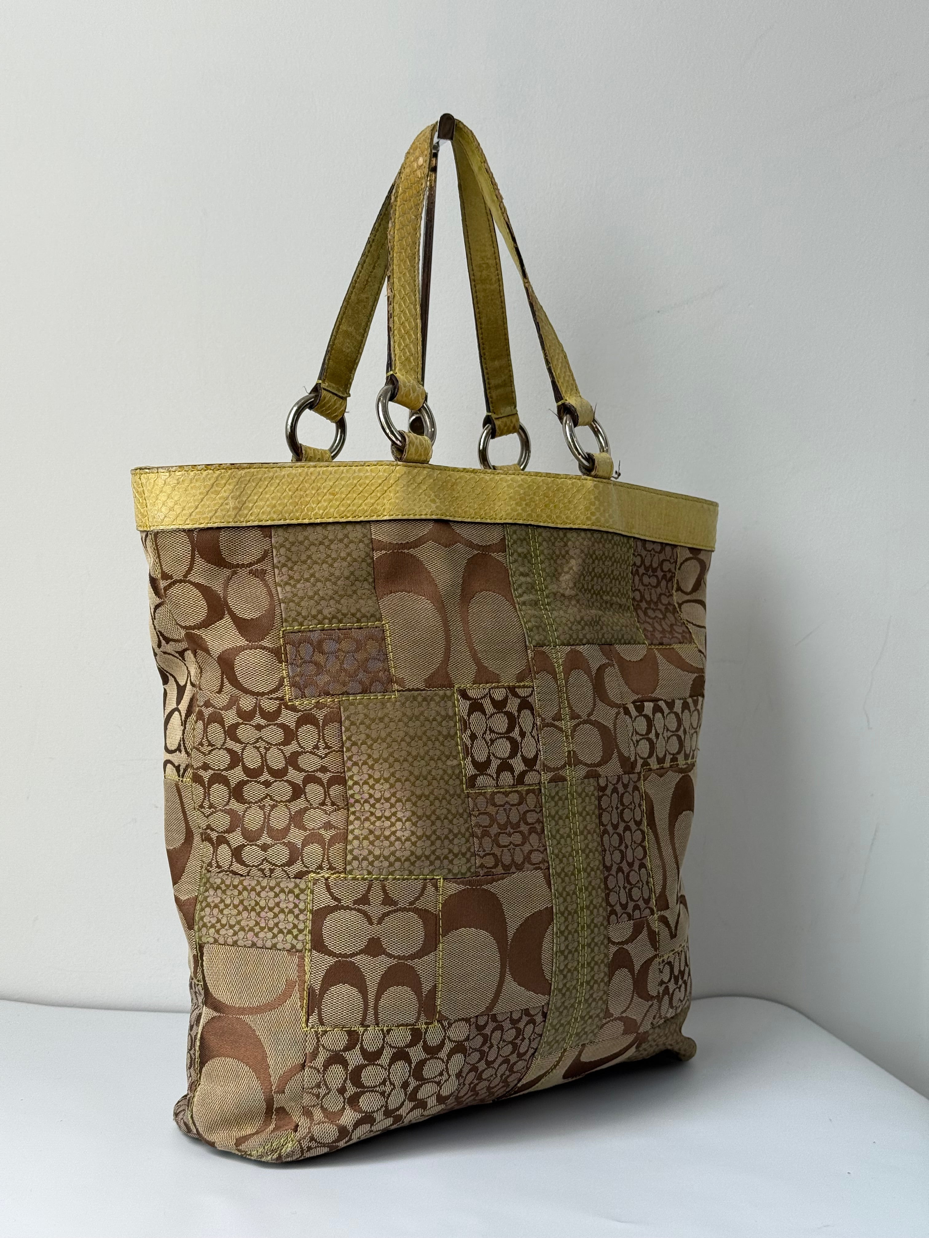 Vintage Coach Patchwork Tote Bag Coach Brown Signature Yellow Leather Handbag 00s Y2K