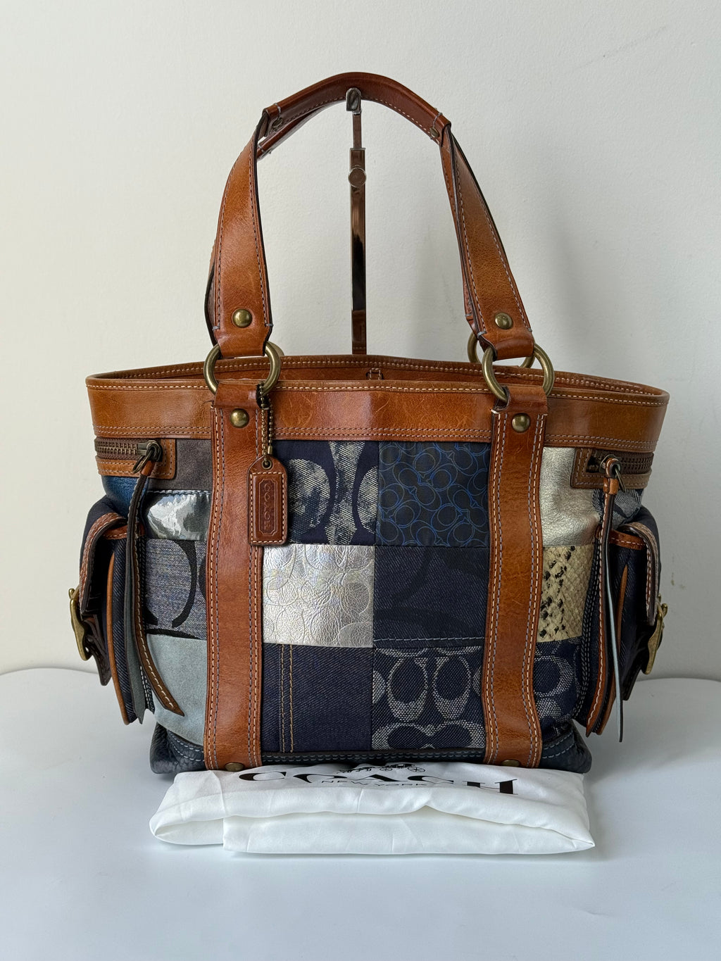 Vintage Coach Blue Denim Patchwork Tote Bag Coach Signature Leather Handbag 00s Y2K