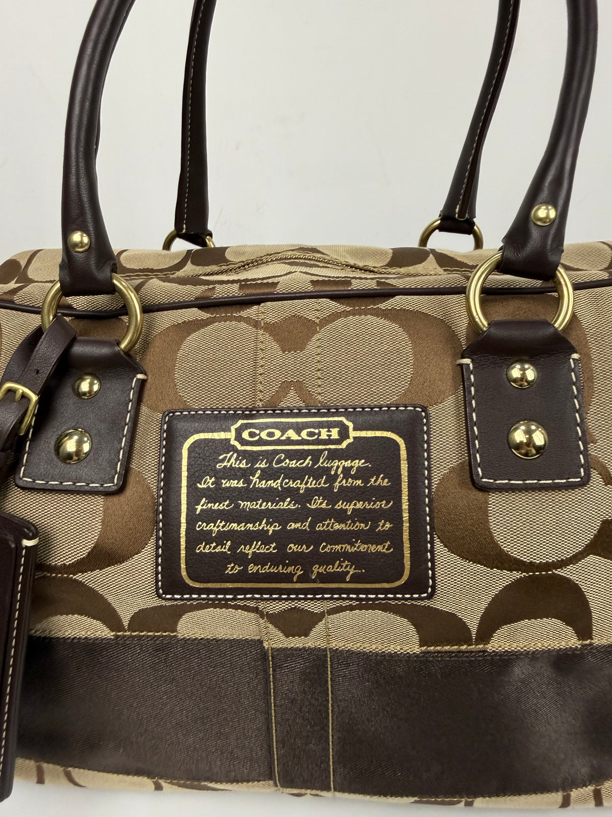 Vintage Coach Boston Travel Carry-On Bag Brown Signature Stripe Duffle Bag 00s Y2K