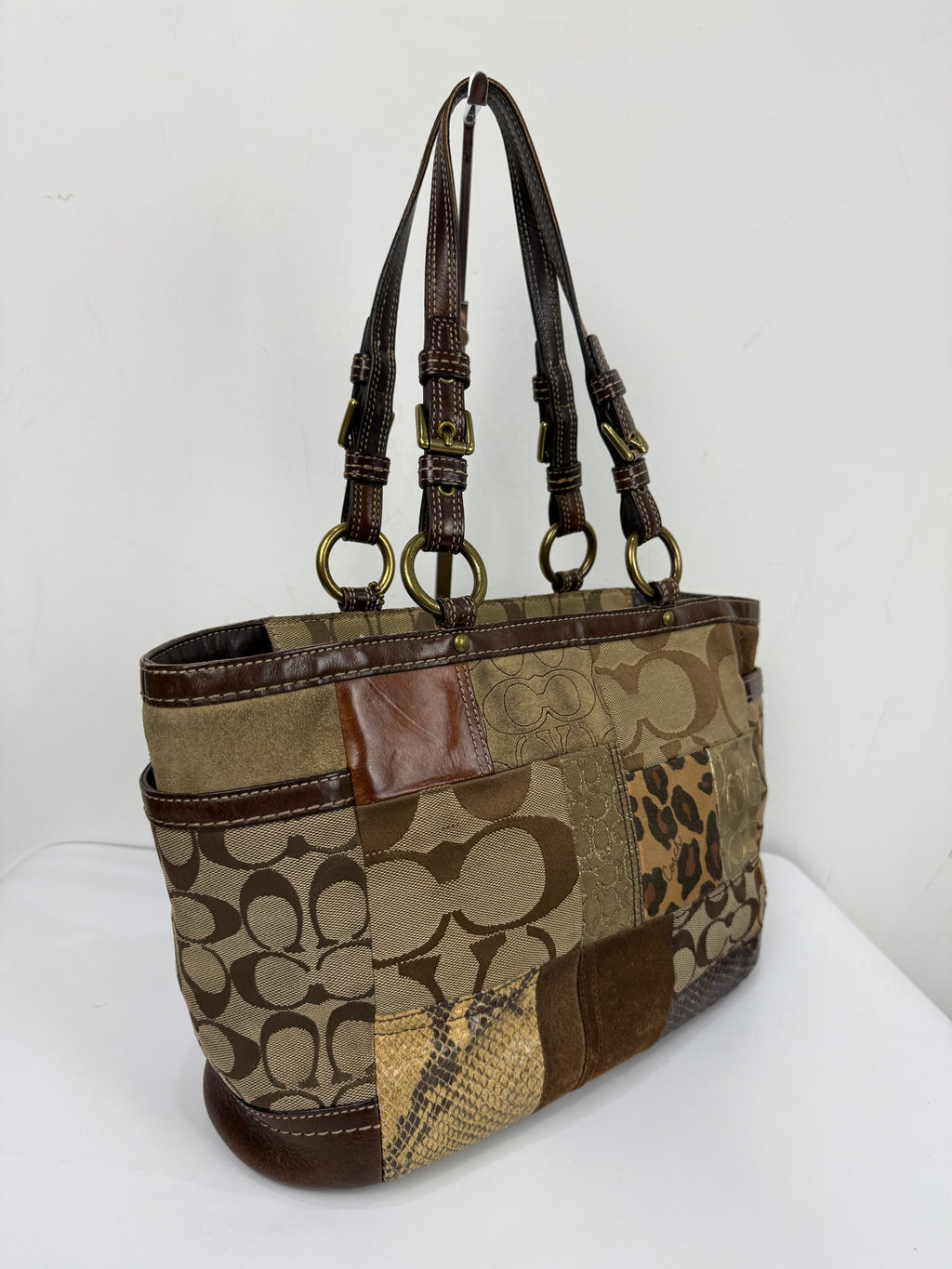 Vintage Coach Patchwork Shoulder Bag Brown Signature Canvas Handbag 00s Y2K