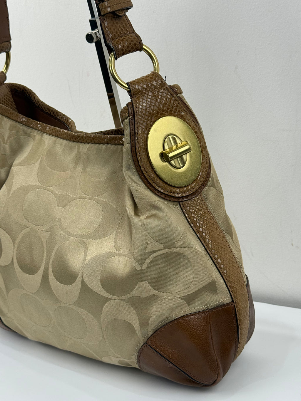 Vintage Coach Peyton Signature Satin Hobo Bag Beige & Brown Coach Shoulder Bag 00s Y2K