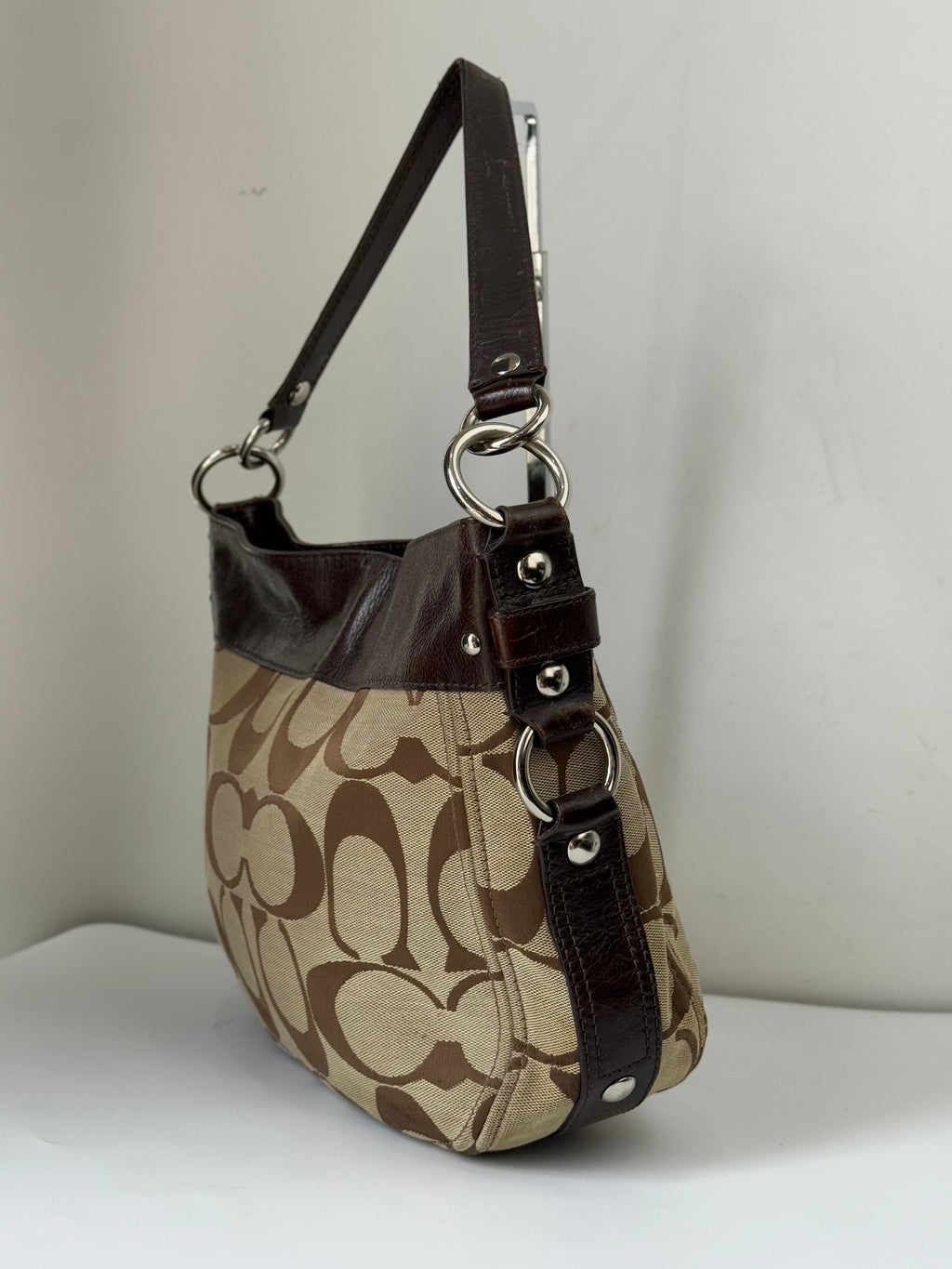 Vintage Coach Zoe Signature Bag Brown Khaki/Mahogany Canvas Shoulder Bag 00s Y2K