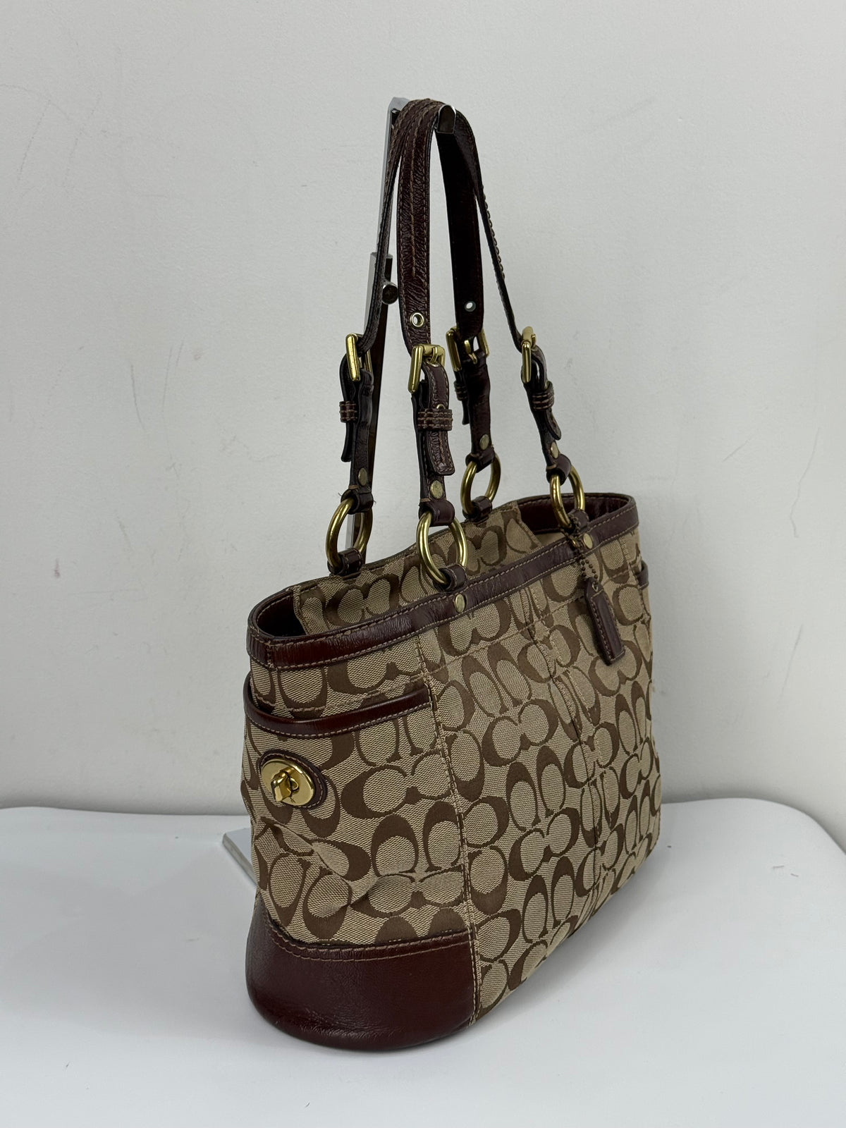 Vintage Coach Gallery Tote Bag Beige & Brown Signature Shoulder Bag 00s Y2K