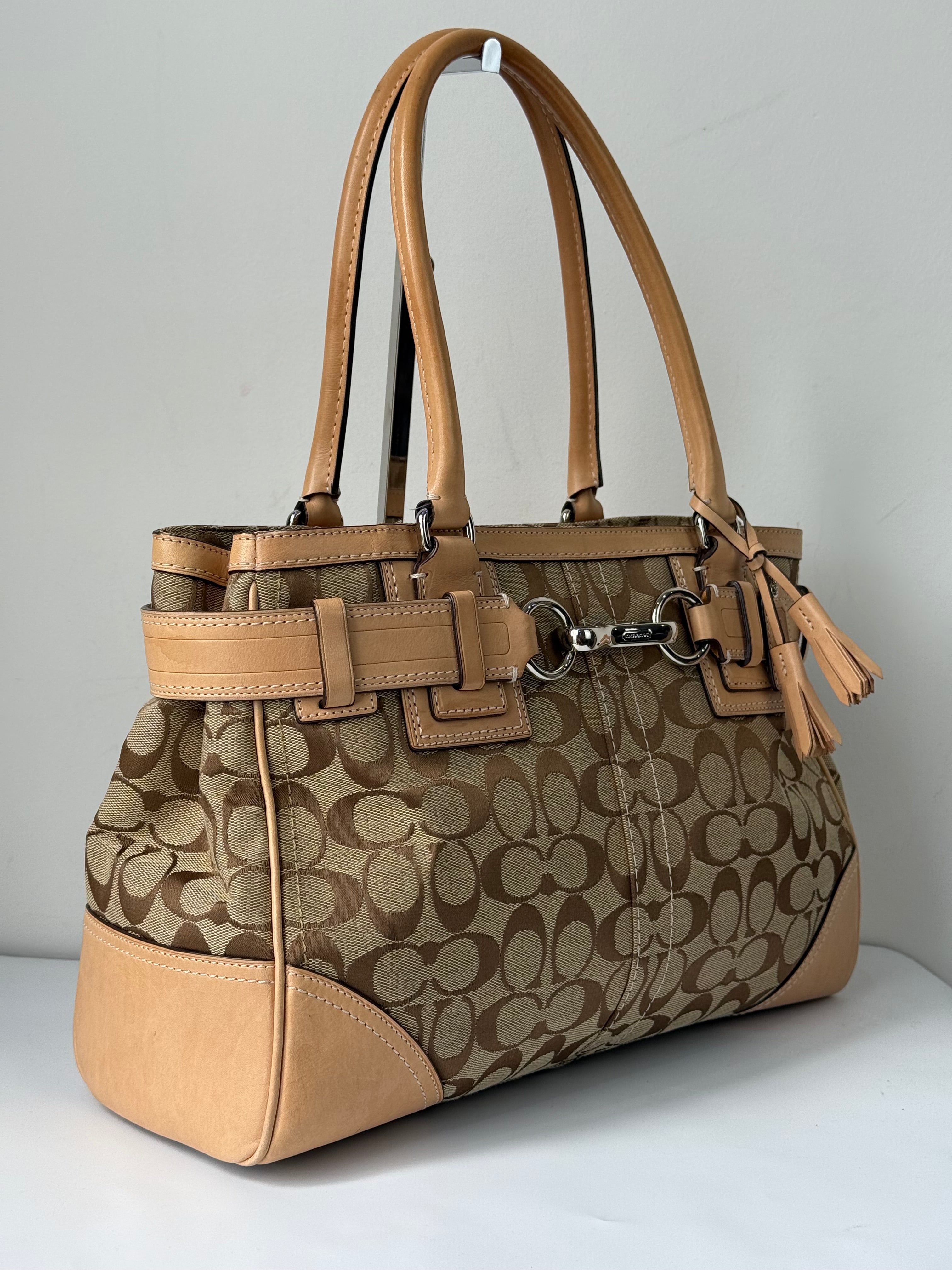 Vintage Coach Hampton Signature Tote Bag Brown and Tan Coach Canvas HandBag 00s Y2K