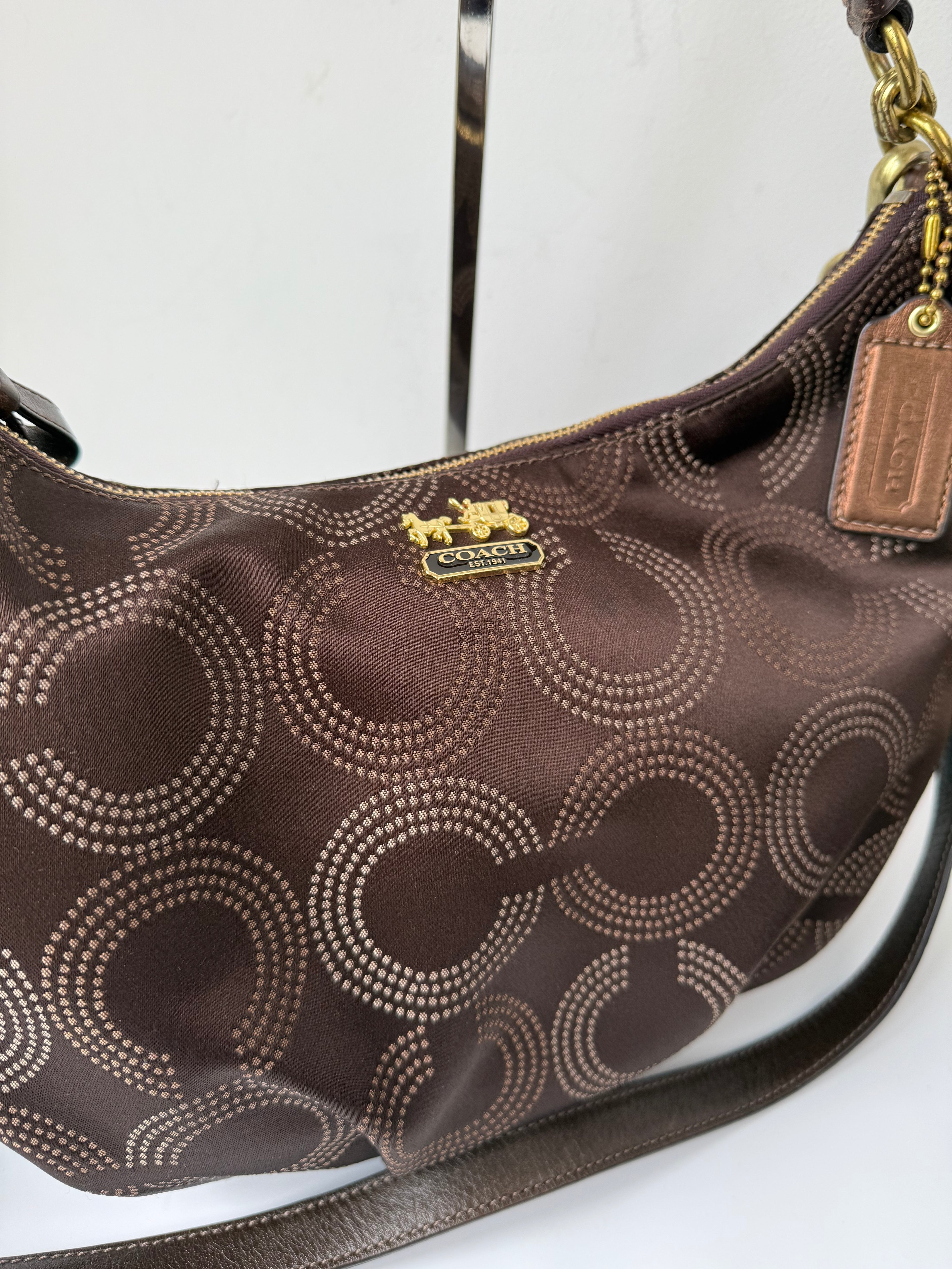 Vintage Coach Maddison Dotted Op-Art Convertible Hobo Bag Brown Signature Bag