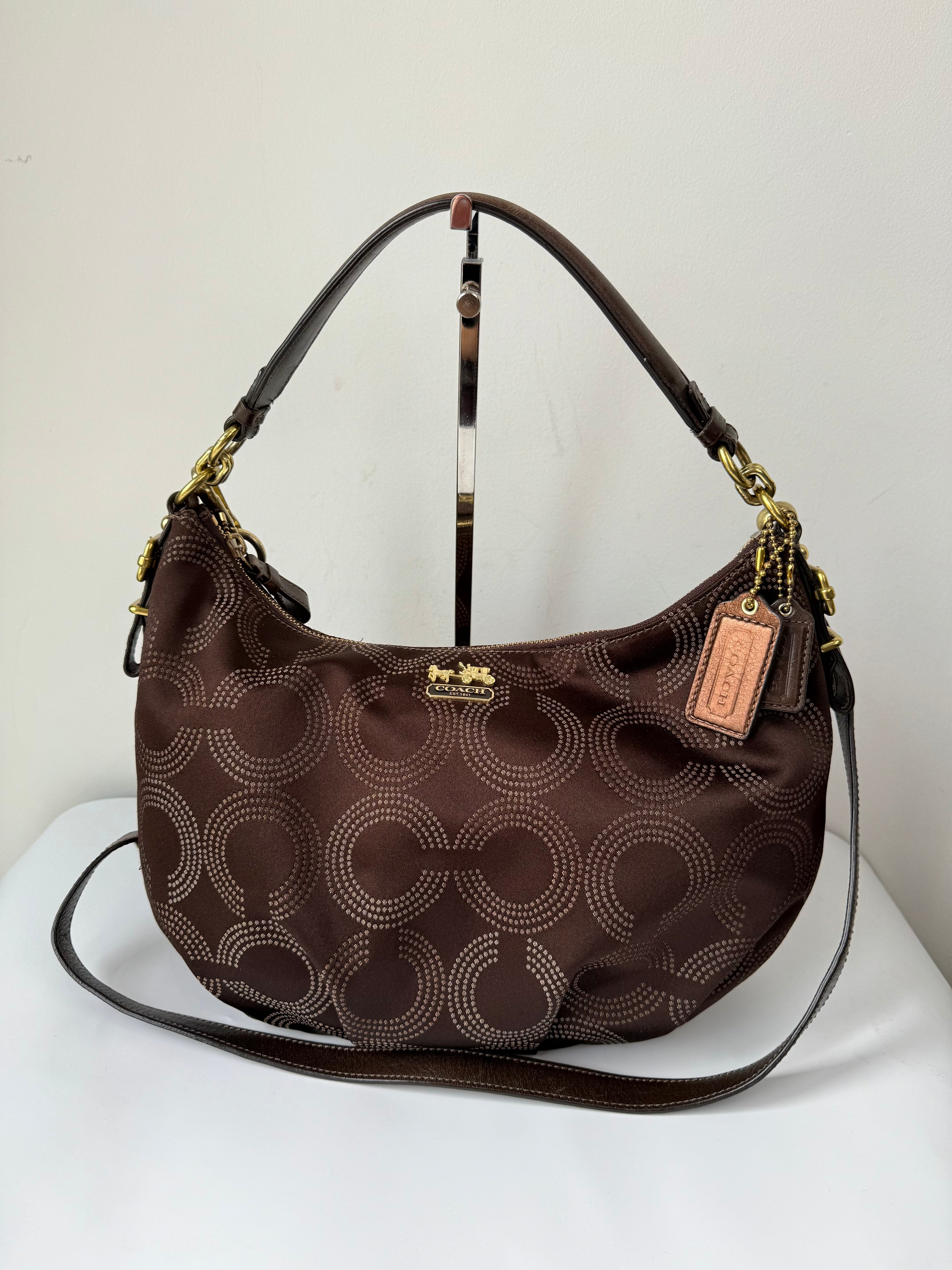 Vintage Coach Maddison Dotted Op-Art Convertible Hobo Bag Brown Signature Bag