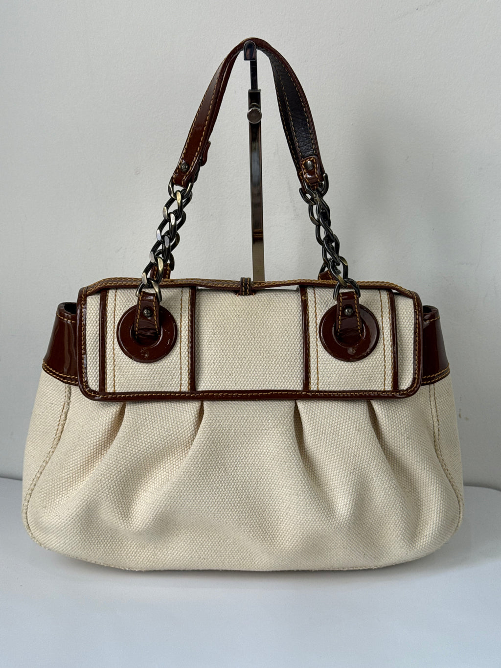 Vintage Fendi B Bag Brown Leather and White Canvas Fendi Handbag 00s Y2K