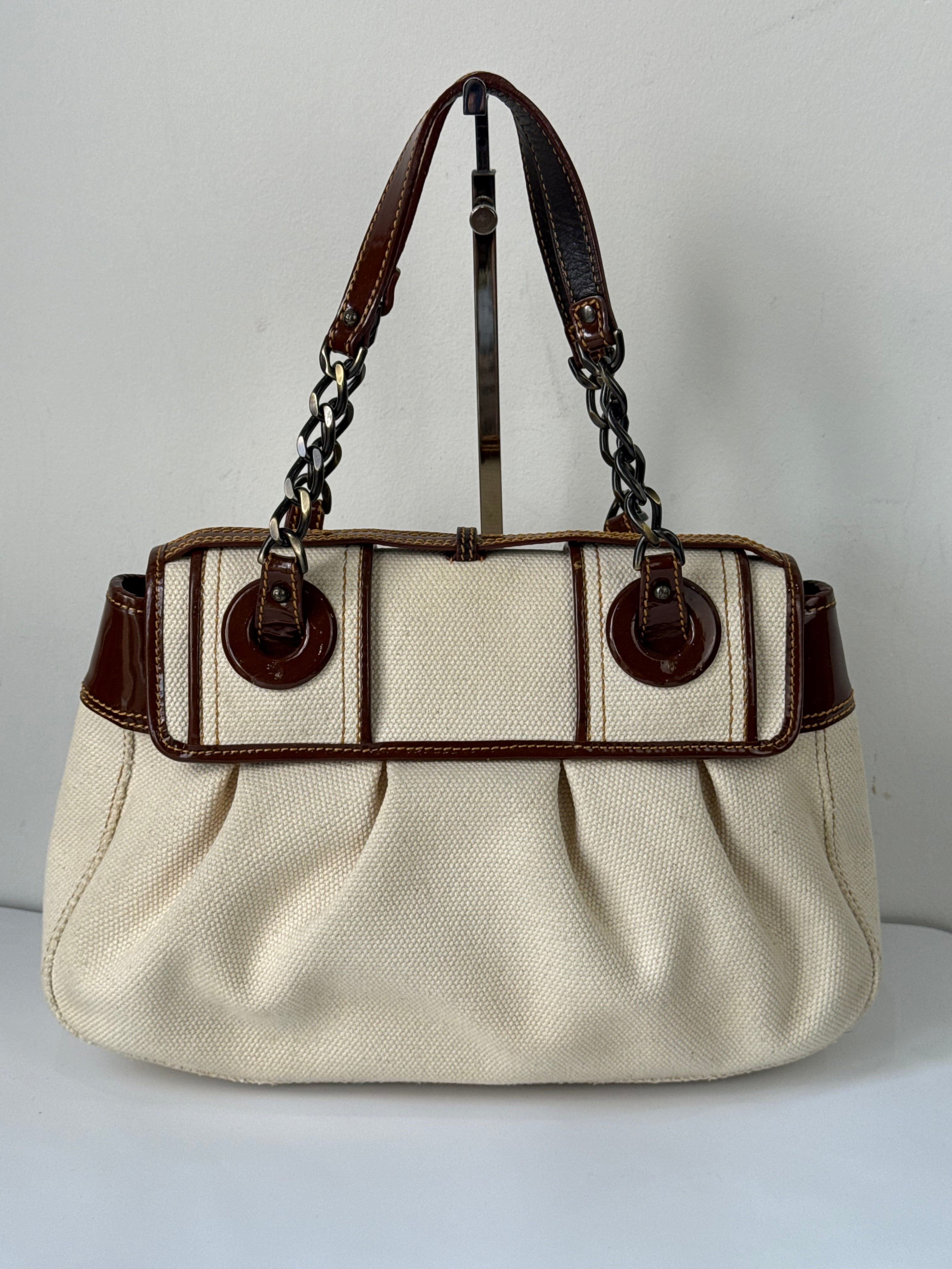 Vintage Fendi B Bag Brown Leather and White Canvas Fendi Handbag 00s Y2K