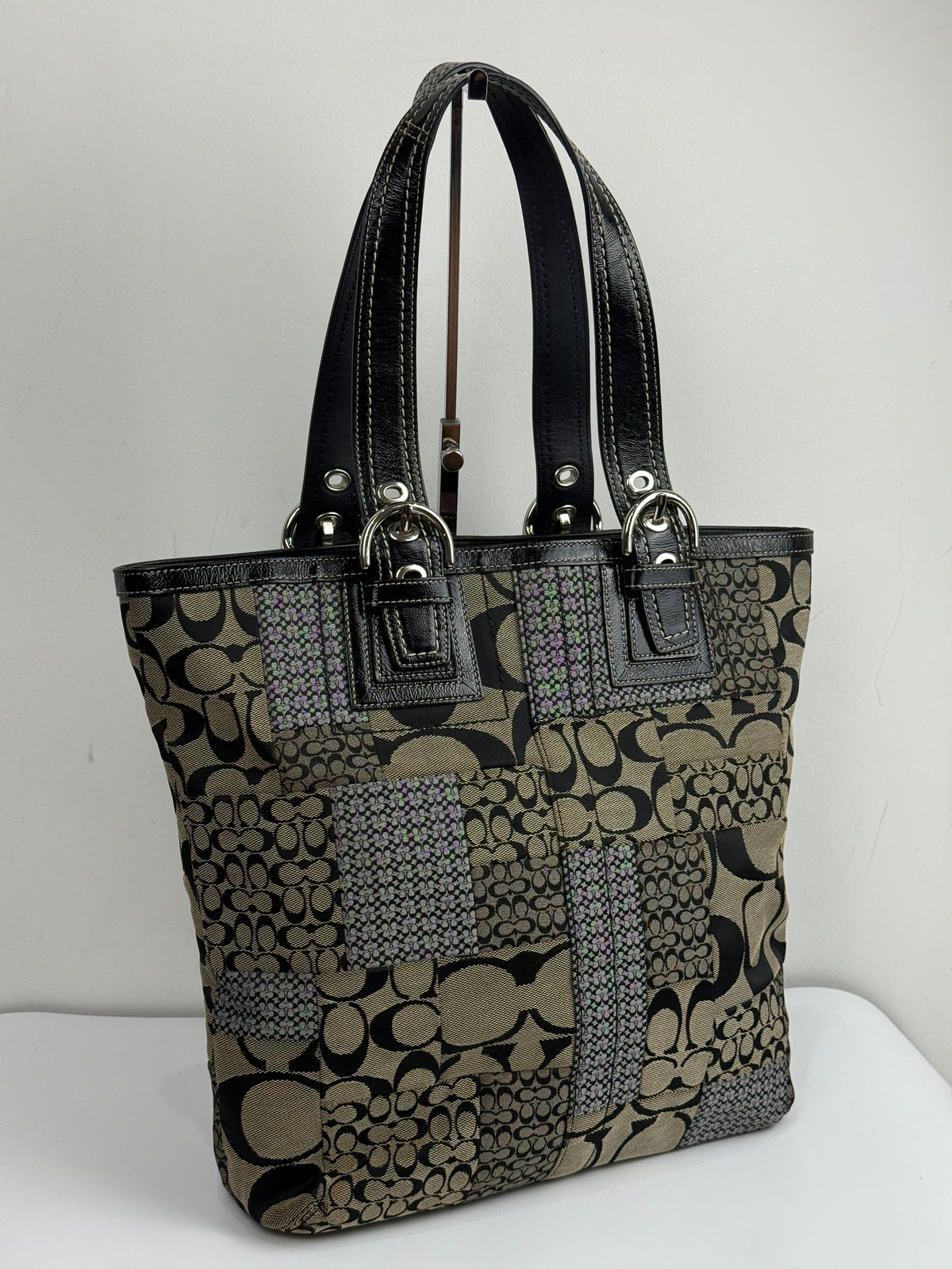 Vintage Coach Patchwork Tote Bag Coach Black/Grey Signature Handbag 00s Y2K